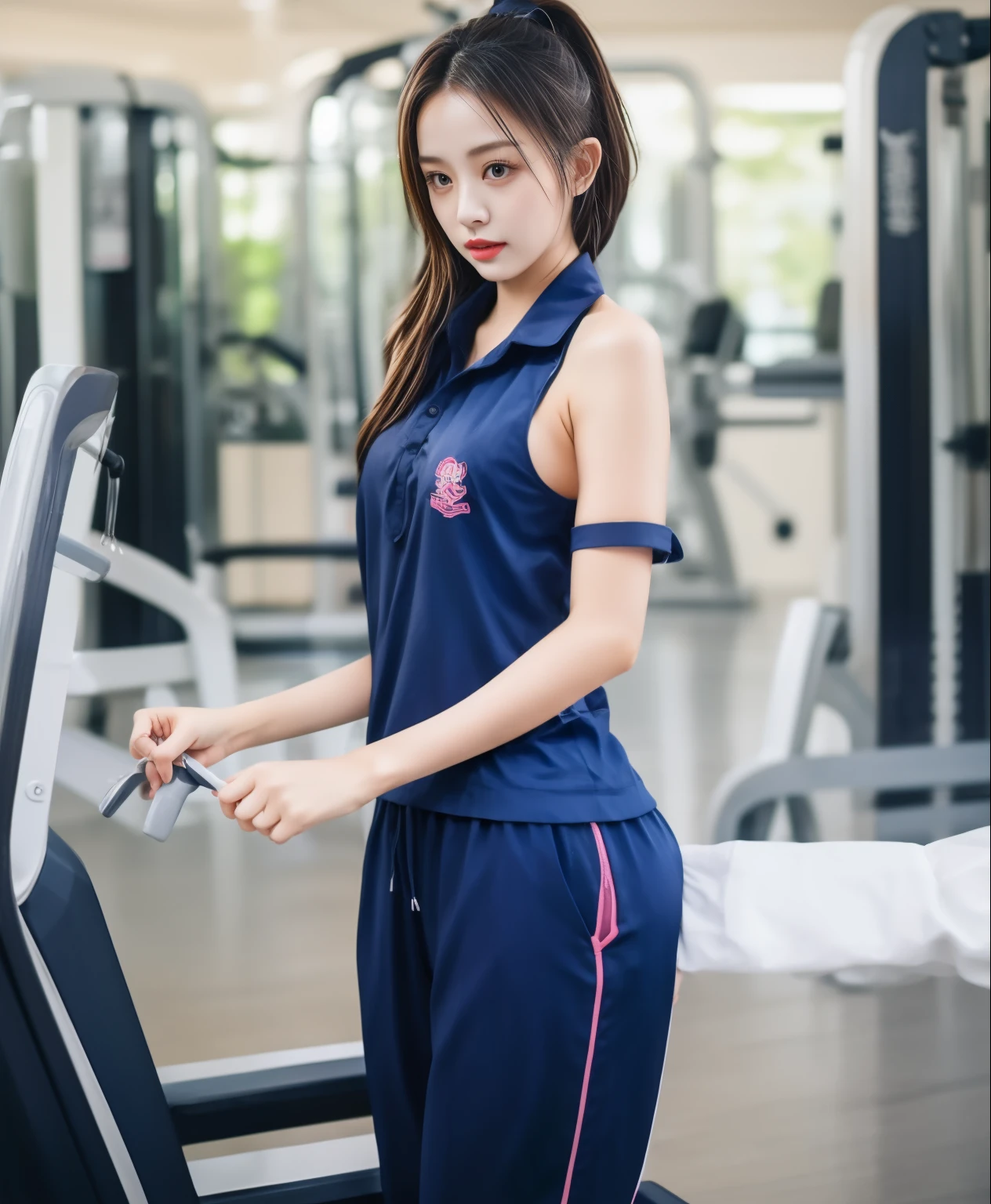 2 girls in fitness center, Navy blue short-sleeved shirt,Navy Long Trackpant,Sweatpants, Sweatpantsขายาว,25 year old girl, lesbian, sexy, exercise clothes, wet body, exercise clothes, Gym Wear