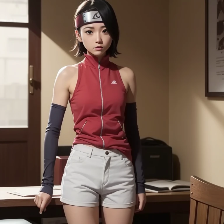 1 girl, from below, standing, beautiful Sarada Uchiha, 18 years old, Cups, Black thighs, arm warmers, forehead protector, shorts, short hair, big chest, black eyes wearing glasses, small hips, big ass, capture anime screen, Sarada is 18 years old, mature appearance