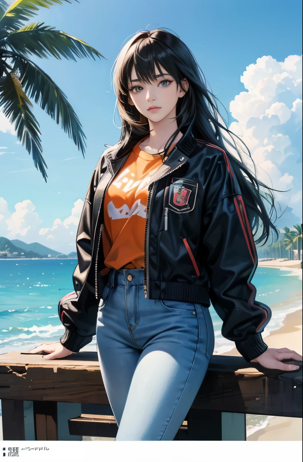 very colorful, high sense, pop feel, Orange and Indigo Keynote Speech, summer image, Palm tree, beach, anime woman with long black hair, Around 25 years old, wearing a jacket, Lofty dream, older woman, longing, first love, Eternal summer, blue jeans, perfect tall model body, cool beauty, mysterious, A melancholy look, it will happen, Anime drawing by Yang J, Trending at Art Station, realism, extremely detailed germ of art, Realistic anime 3D style, anime style 4 k, up to the model | germ of art, anime style. 8K, casual clothes, realistic anime art style, style germ of art, sharp outline, highest quality, perfect angle, perfect composition, best shot, official art,CD jacket, 80s city pop, very stylish, fashionable