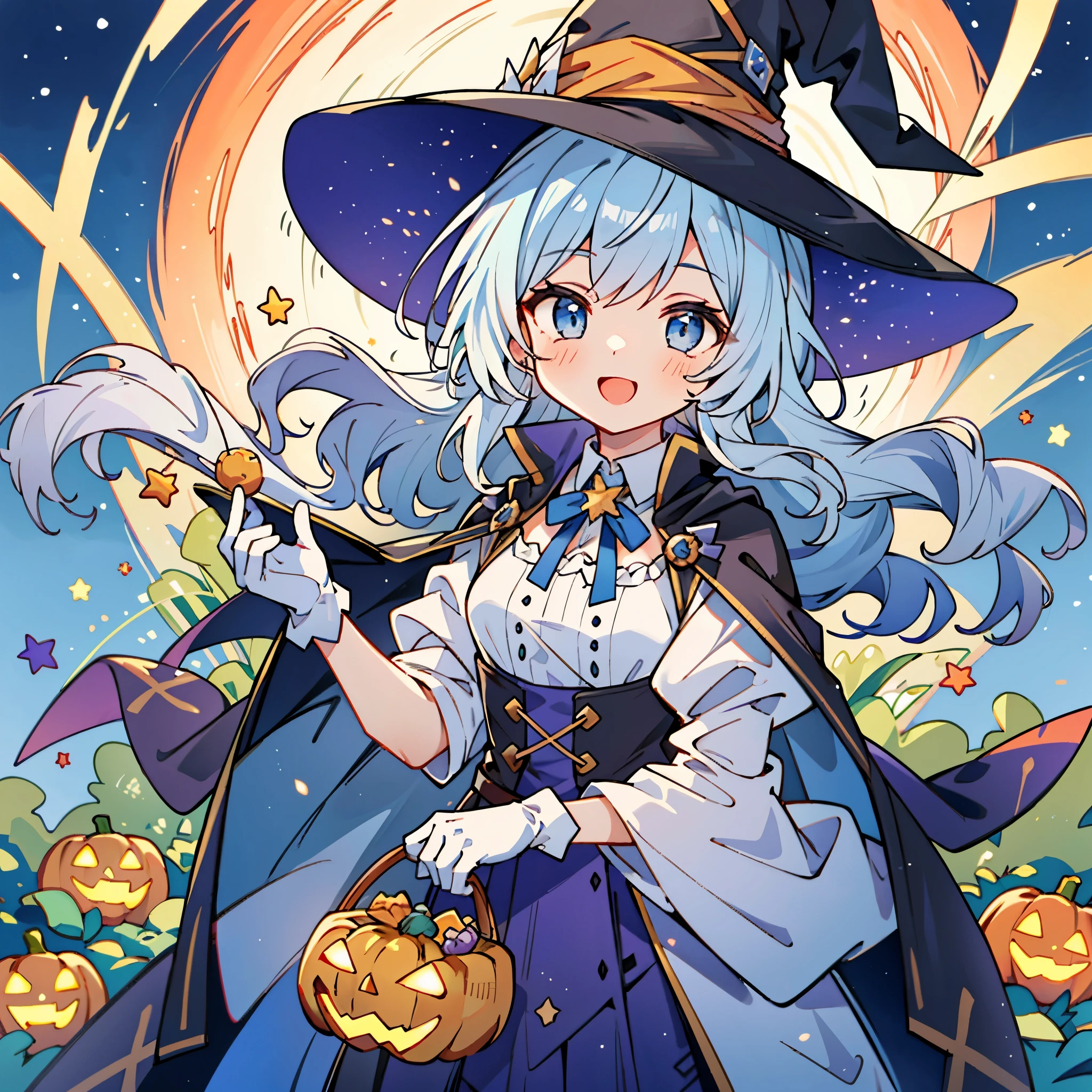 ((masterpiece:1.2, best quality)), 1girl, solo, (witch hat), a close up of a girl with curly hair, dress, aurora, night, star (sky), gloves, sky, dress, night sky, open mouth, starry sky, light blue eyes, ribbons, smile, cape, colorful hair, magic, casting spell, night, (impressionism:1.4), alphonse mucha, Halloween colors, colorful candy, magical lights, pumpkins, candies