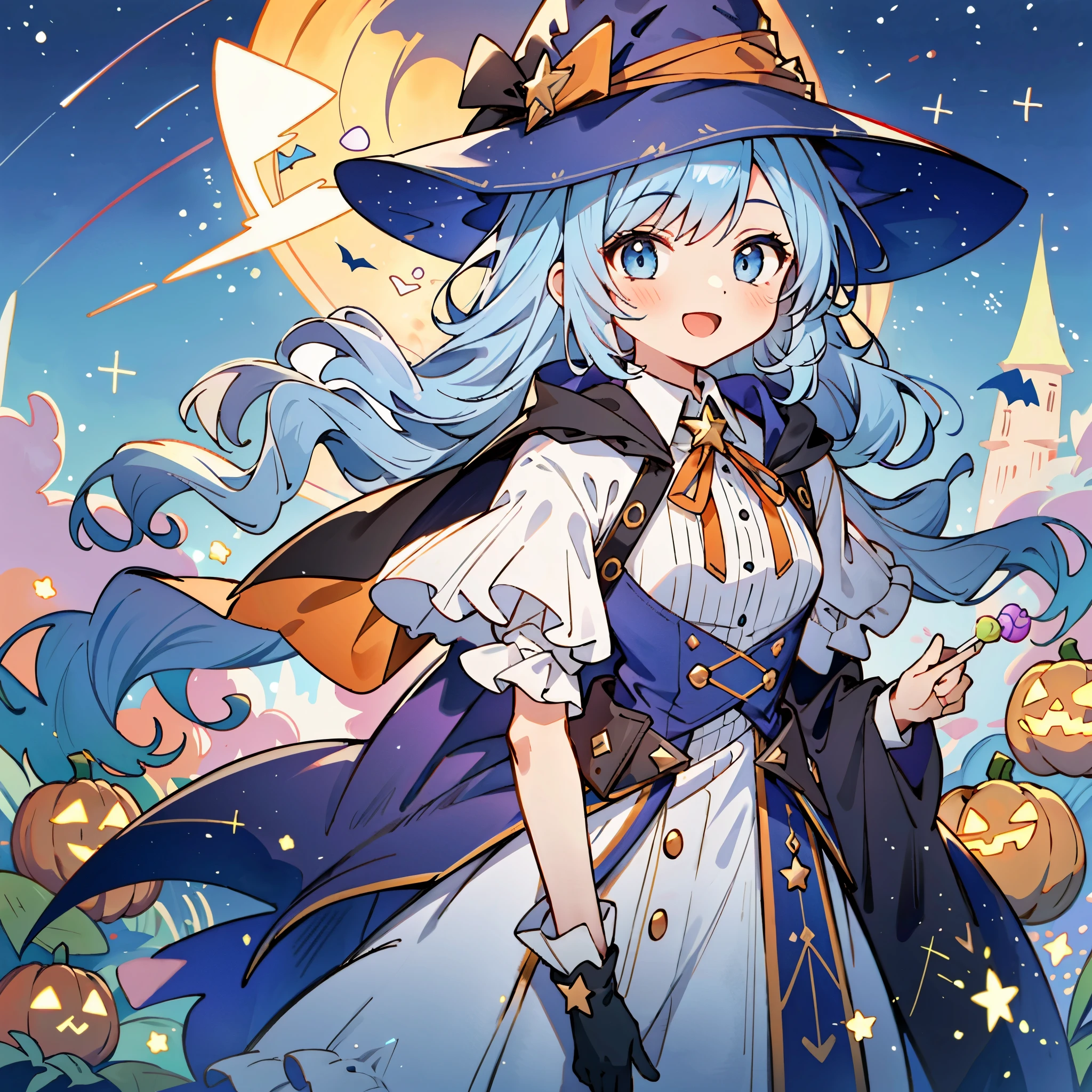 ((masterpiece:1.2, best quality)), 1girl, solo, (witch hat), a close up of a girl with curly hair, dress, aurora, night, star (sky), gloves, sky, dress, night sky, open mouth, starry sky, light blue eyes, ribbons, smile, cape, colorful hair, magic, casting spell, night, (impressionism:1.4), alphonse mucha, Halloween colors, colorful candy, magical lights, pumpkins, candies