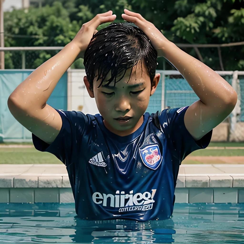 11 year old East Asian boy'while playing in the pool,The jersey was soaked 1 meter deep