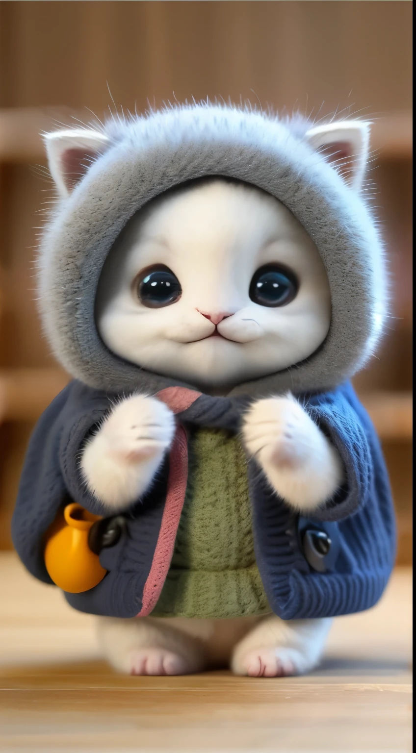 kitten in clothes, miniature kitten, Animal focus, bearded, Realistic, Gonzo hand, ambiguous background,smile,interesting、