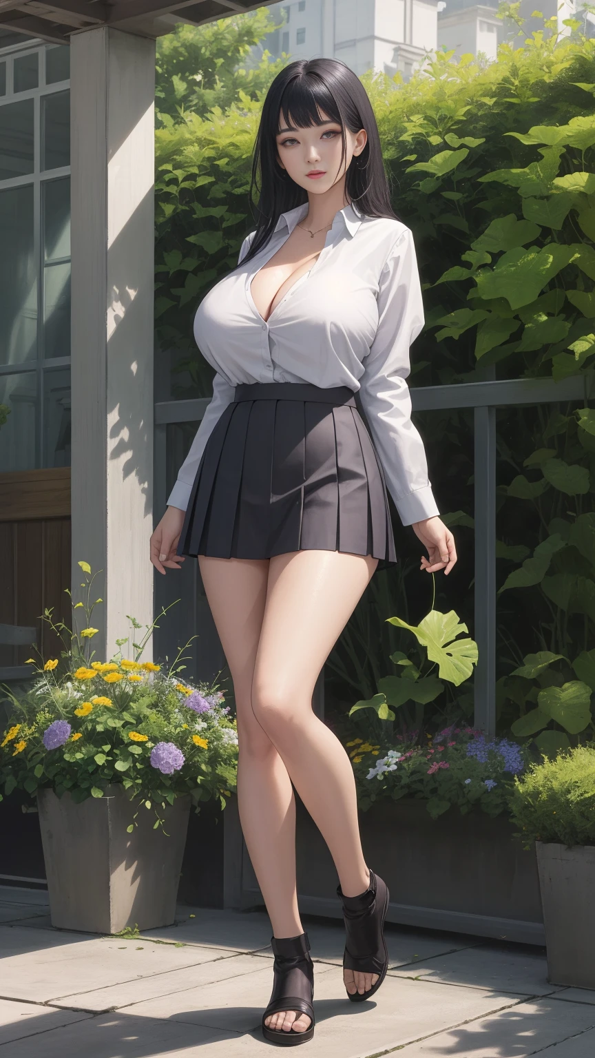 girl, solo, full body, standing, from head to toe, holding crotch with both hands, (Huge_Breasts:1.3), A breathtakingly beautiful garden filled with vibrant flowers, lush green plants, The air is filled with the sweet scent of blooming flowers, and rays of golden sunlight gently filter through the leaves, creating a magical atmosphere, School uniform, short skirt, mini skirt, pleated skirt, Cleavage,