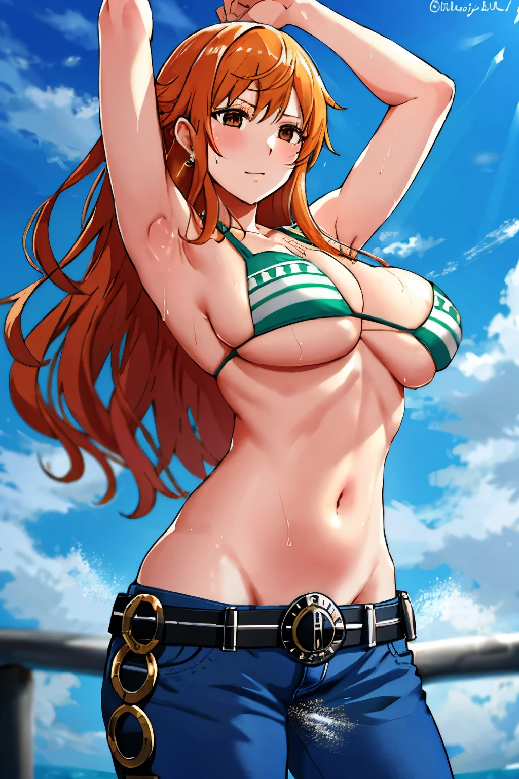 detailed background, masterpiece, 4K, best quality, 늦은 request소년, adult, wrestler body, 1 woman, Active, energetic, Uppercut, (Big mouth) , alone, Us \(One Piece\), 1 woman, bangle, (Very wet, Drenched in sweat, sweating all over, Very wet hair, tired, breathe, dehisce, exhausted, outcry, Sweaty face, sweaty body, Panting, sweating too much, Glittering sweat, sweaty armpits, trend, hands on , Serious, glaring), Perfect, detailed face, Draw bold lines, muscular arms, Detailed and thick arm lines, Flat chin, adult woman, wavy wide striped bangs, floating bangs, (Big cheeks),  shoulders, off shoulder, belt, ,  top only, blue sky, bracelet, Elastic ,  line, Big round eyes, very large brown shiny eyes, foam, 높은 눈 stomach치, split, cloud, afternoon, request, earring, floating hair, shiny hair, green belt, green , Thick groin line, requestpants, bijouterie, medium , Log Pose, long hair, looking at viewer, navel, wet hair, Orange hair, pants, shoulder Tattoo, side lock, sky, alone, standing, stomach, swimsuit, Tattoo , looking at viewer, dehisce, Detailed left arm, large forehead, hourglass shape, small head, A toned body, Broad head, wind effect, The Sun Effect, Under the sun, Narrow small ear angle, Previous, 무작stomach 포즈,