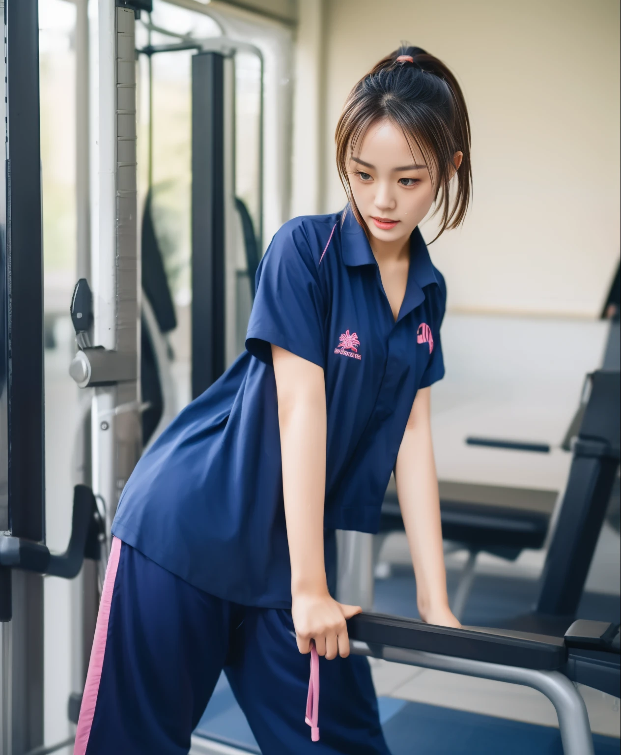 2 girls in fitness center, Navy blue short-sleeved shirt,Navy Long Trackpant,Sweatpants, Sweatpantsขายาว,25 year old girl, lesbian, sexy, exercise clothes, wet body, exercise clothes, exercise clothes
