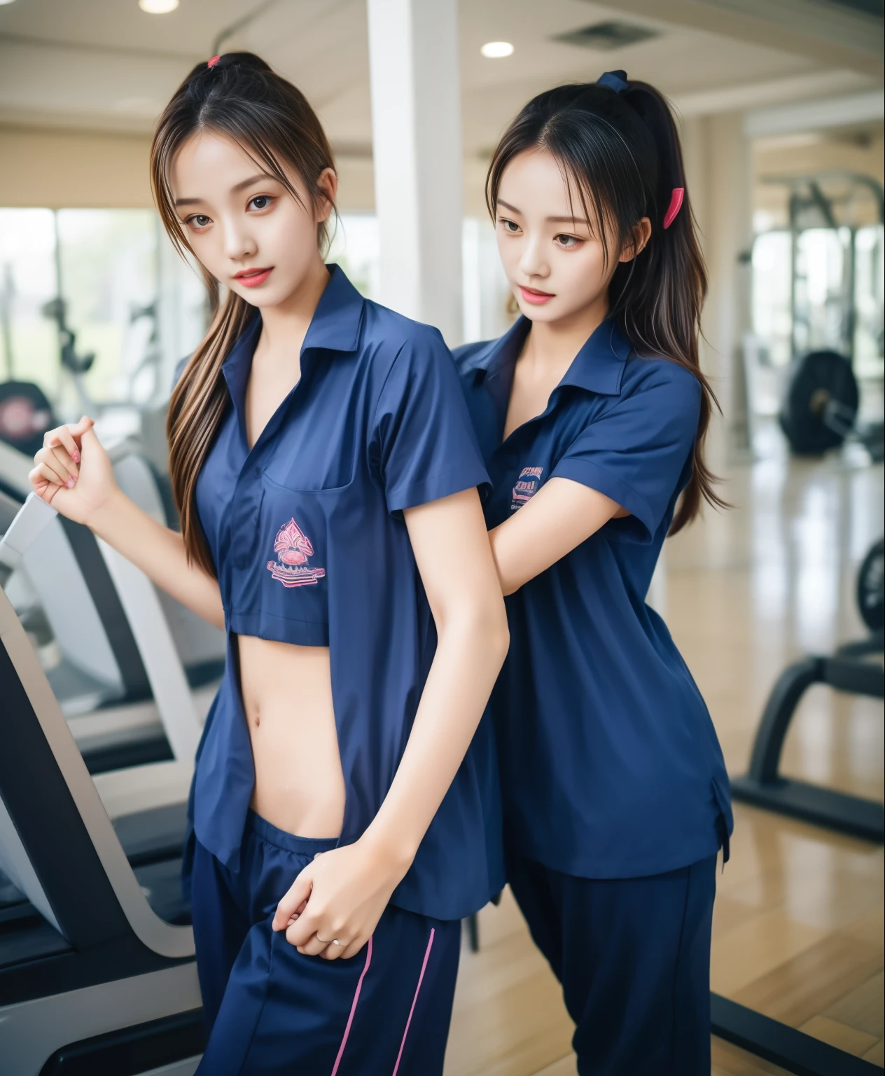 2 girls in fitness center, Navy blue short-sleeved shirt,Navy Long Trackpant,Sweatpants, Sweatpantsขายาว,25 year old girl, lesbian, sexy, exercise clothes, wet body, exercise clothes, Gym Wear
