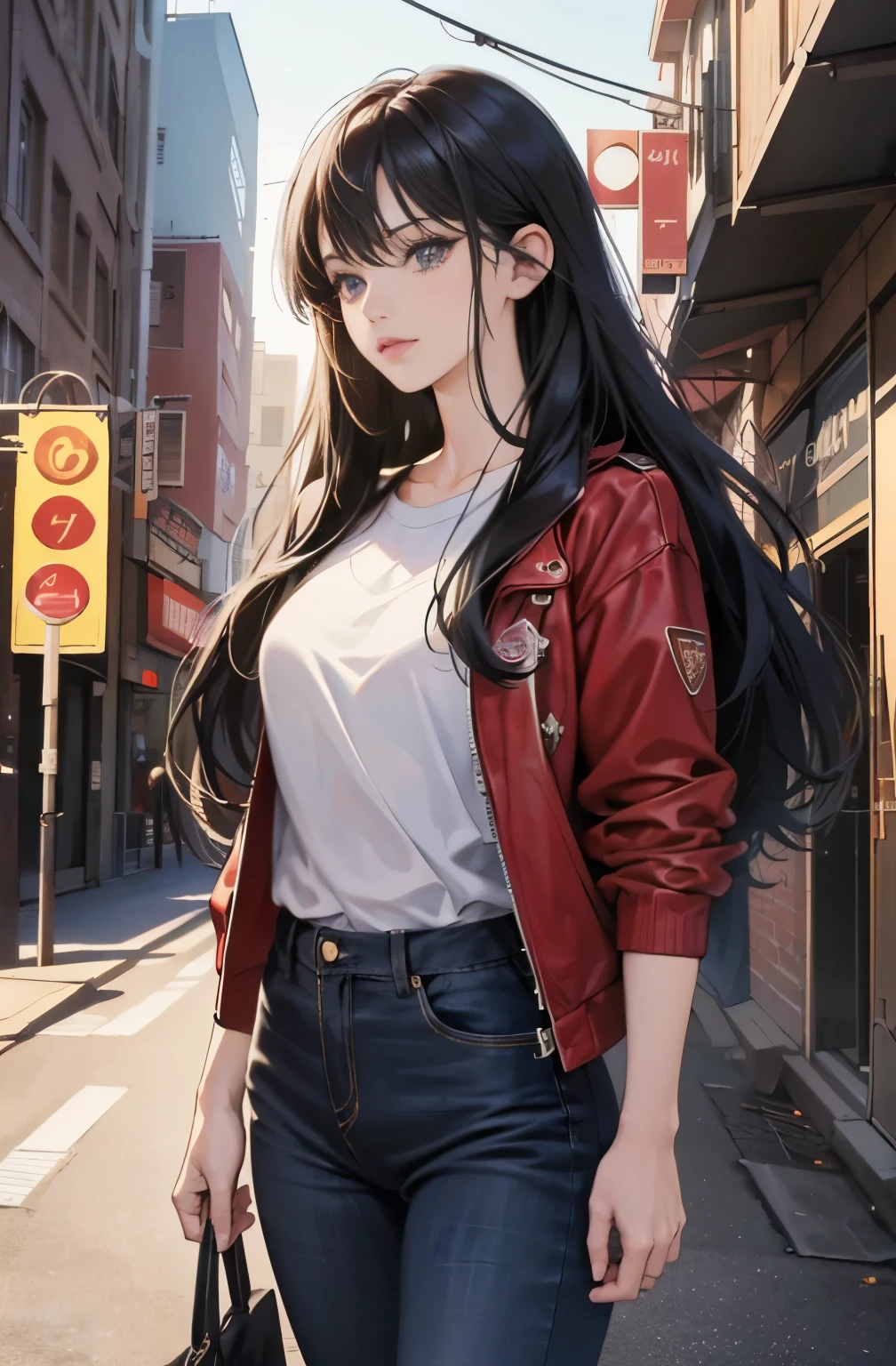 Beautiful woman with long black hair, Anime drawing by Yang J, pixiv, serial art, anime style 4 k, anime style. 8K, Gwaites style artwork, Realistic anime 3d style, anime style illustration, high quality anime art style, digital anime illustration, realistic anime art style, anime art style, very colorful, pop feel, in.s. summer image, night of summerside, Adult woman around 27 years old, Very sophisticated, It will be, wearing a colorful jacket, black jeans, tall model body shape, Lofty dream, mysterious, cool beauty, Madoka Ayukawa, it will happen, Anime drawing by Yang J, Trending at Art station, realism, extremely detailed The germ of art, Realistic anime 3D style, anime style 4 k, モデルまin | The germ of art, anime style. 8K, casual clothes, realistic anime art style, style The germ of art, sharp outline, highest quality, perfect angle, perfect composition, The perfect subject, best shot, official art,CD jacket, 80s city pop, very stylish, fashionable