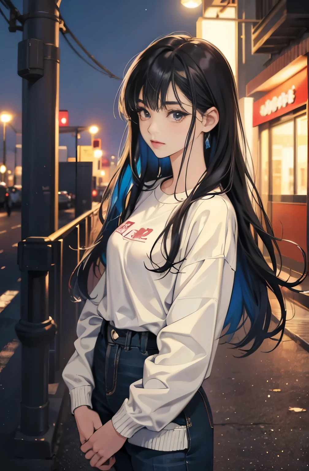 Beautiful woman with long black hair, Anime drawing by Yang J, pixiv, serial art, anime style 4 k, anime style. 8K, Gwaites style artwork, Realistic anime 3d style, anime style illustration, high quality anime art style, digital anime illustration, realistic anime art style, anime art style, very colorful, pop feel, in.s. summer image, night of summerside, Adult woman around 27 years old, Very sophisticated, It will be, wearing a colorful jacket, black jeans, tall model body shape, Lofty dream, mysterious, cool beauty, Madoka Ayukawa, it will happen, Anime drawing by Yang J, Trending at Art station, realism, extremely detailed The germ of art, Realistic anime 3D style, anime style 4 k, モデルまin | The germ of art, anime style. 8K, casual clothes, realistic anime art style, style The germ of art, sharp outline, highest quality, perfect angle, perfect composition, The perfect subject, best shot, official art,CD jacket, 80s city pop, very stylish, fashionable