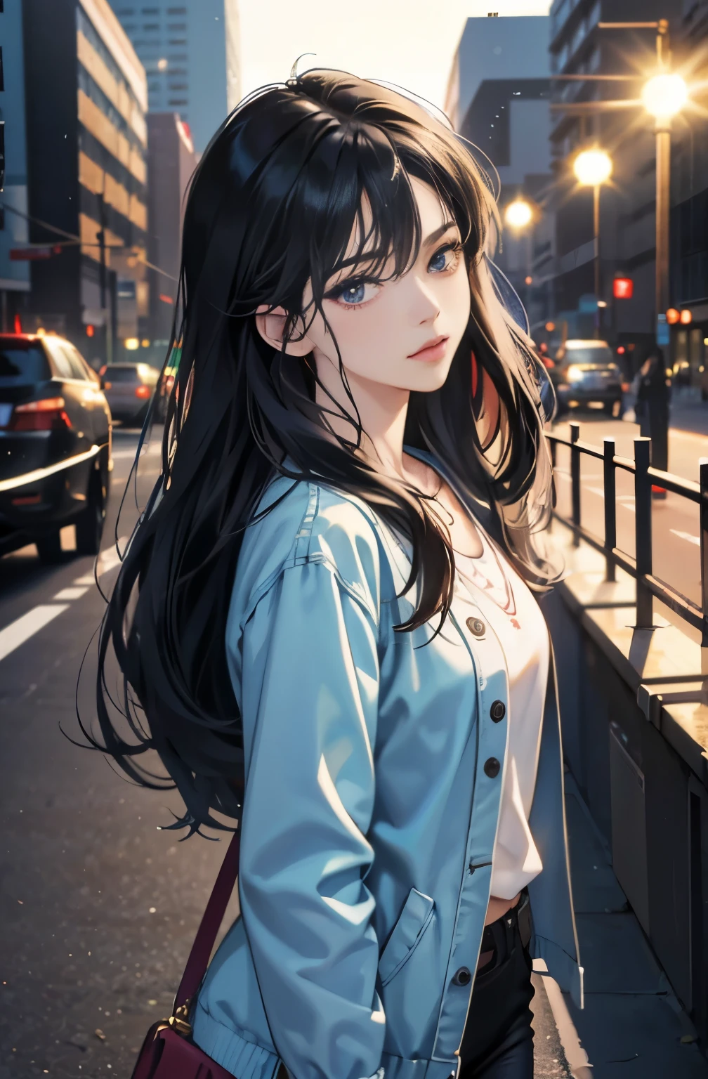 Beautiful woman with long black hair, Anime drawing by Yang J, pixiv, serial art, anime style 4 k, anime style. 8K, Gwaites style artwork, Realistic anime 3d style, anime style illustration, high quality anime art style, digital anime illustration, realistic anime art style, anime art style, very colorful, pop feel, in.s. summer image, night of summerside, Adult woman around 27 years old, Very sophisticated, It will be, wearing a colorful jacket, black jeans, tall model body shape, Lofty dream, mysterious, cool beauty, Madoka Ayukawa, it will happen, Anime drawing by Yang J, Trending at Art station, realism, extremely detailed The germ of art, Realistic anime 3D style, anime style 4 k, モデルまin | The germ of art, anime style. 8K, casual clothes, realistic anime art style, style The germ of art, sharp outline, highest quality, perfect angle, perfect composition, The perfect subject, best shot, official art，CD jacket, 80s city pop, very stylish, fashionable
