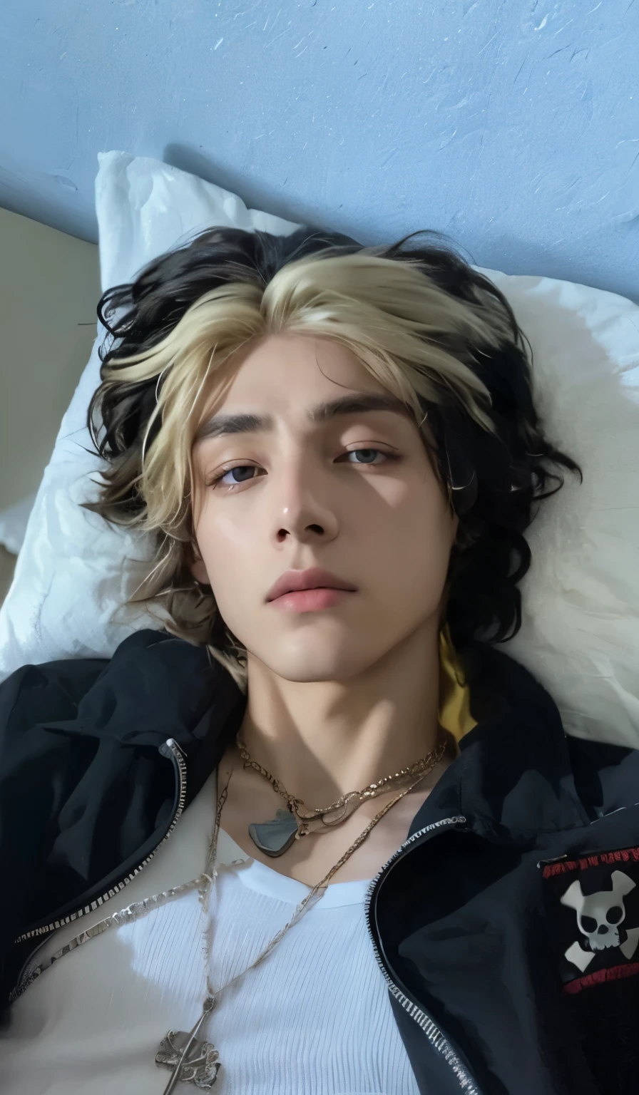 Hombre arafed acostado en la cama con un collar de calavera y tibias cruzadas, timothy chalamet, xqc, portrait of timothy chalamet, tommy 1 6 years, taken in the early 2020s, androgynous face, 1 7-year-old boy with a thin face, androgynous person, beautiful androgynous prince