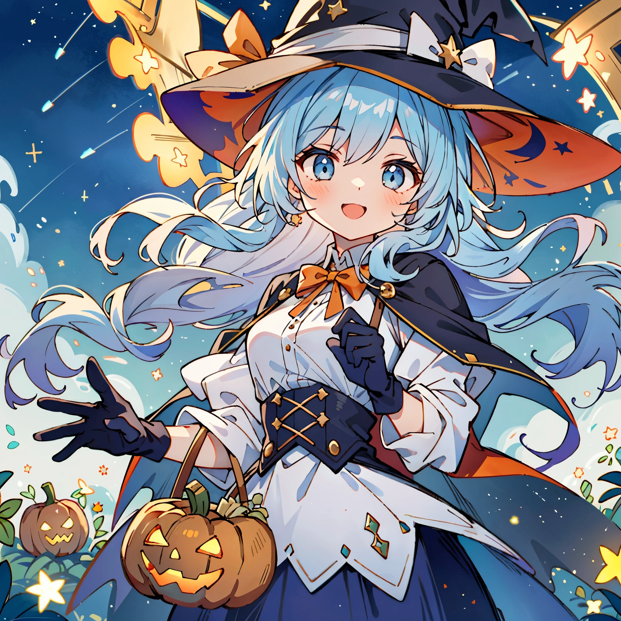 ((masterpiece:1.2, best quality)), 1girl, solo, (witch hat), a close up of a girl with curly hair, dress, aurora, night, star (sky), gloves, sky, dress, night sky, open mouth, starry sky, light blue eyes, ribbons, smile, cape, colorful hair, magic, casting spell, night, (impressionism:1.4), alphonse mucha, Halloween colors, colorful candy, magical lights, pumpkins, candies
