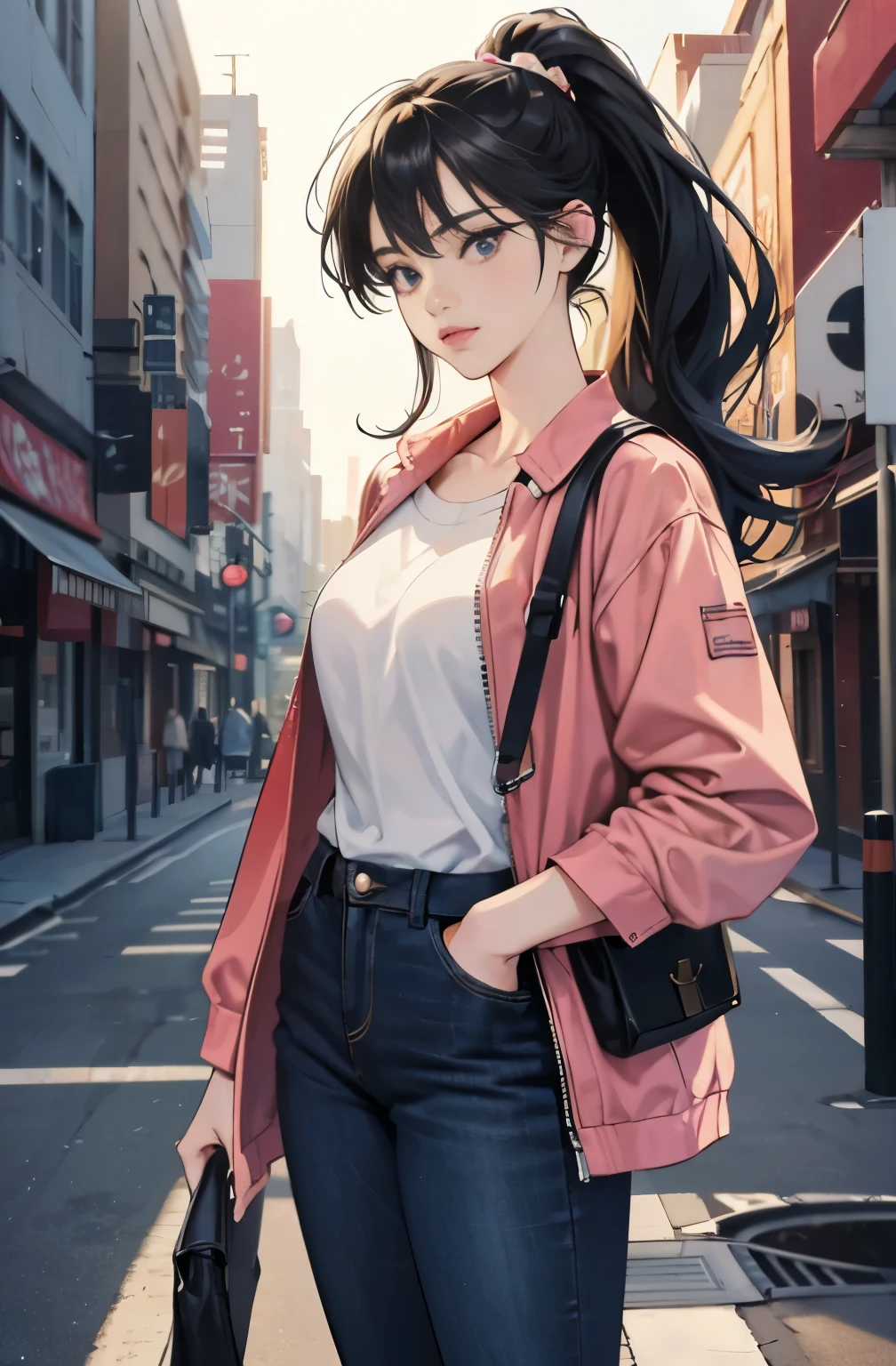 Beautiful woman with long black ponytail, Anime drawing by Yang J, pixiv, serial art, anime style 4 k, anime style. 8K, Gwaites style artwork, Realistic anime 3d style, anime style illustration, high quality anime art style, digital anime illustration, realistic anime art style, anime art style, very colorful, pop feel, in.s. summer image, night of summerside, Adult woman around 27 years old, Very sophisticated, It will be, wearing a colorful jacket, black jeans, tall model body shape, Lofty dream, mysterious, cool beauty, fashion role model, it will happen, Anime drawing by Yang J, Trending at Art station, realism, extremely detailed The germ of art, Realistic anime 3D style, anime style 4 k, モデルまin | The germ of art, anime style. 8K, casual clothes, realistic anime art style, style The germ of art, sharp outline, highest quality, perfect angle, perfect composition, The perfect subject, best shot, official art，CD jacket, 80s city pop, very stylish