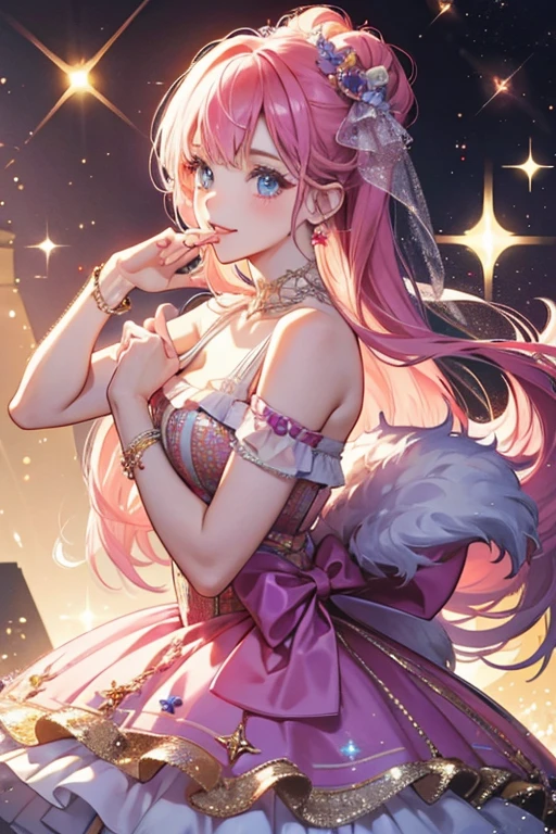 Topaz's Jewel Charm is round and colored purple, decorated with a pink bow on the top and a pink jewel in the centre with white gold linings, similar to the one on her necklace. SPARKLE; GLITTER
