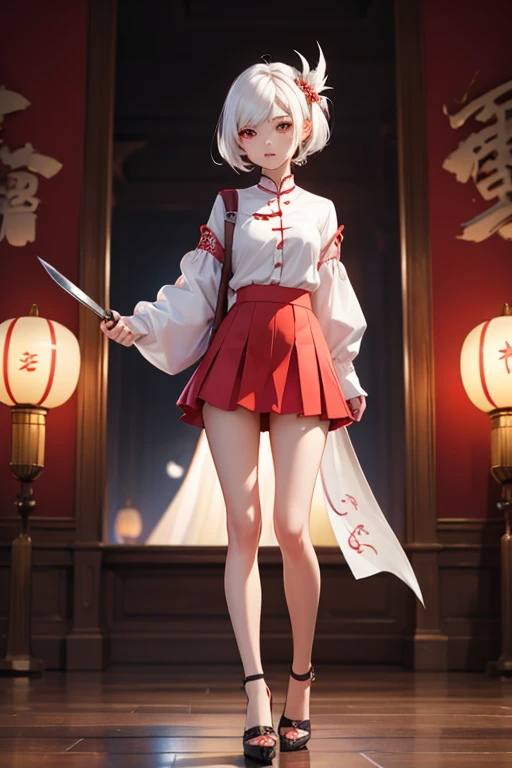 white hair，red eyes，white clothes red clothes，Short skirt，High heel，The body is surrounded by a white Chinese dragon。Long knife in hand，Standing posture，for the audience。