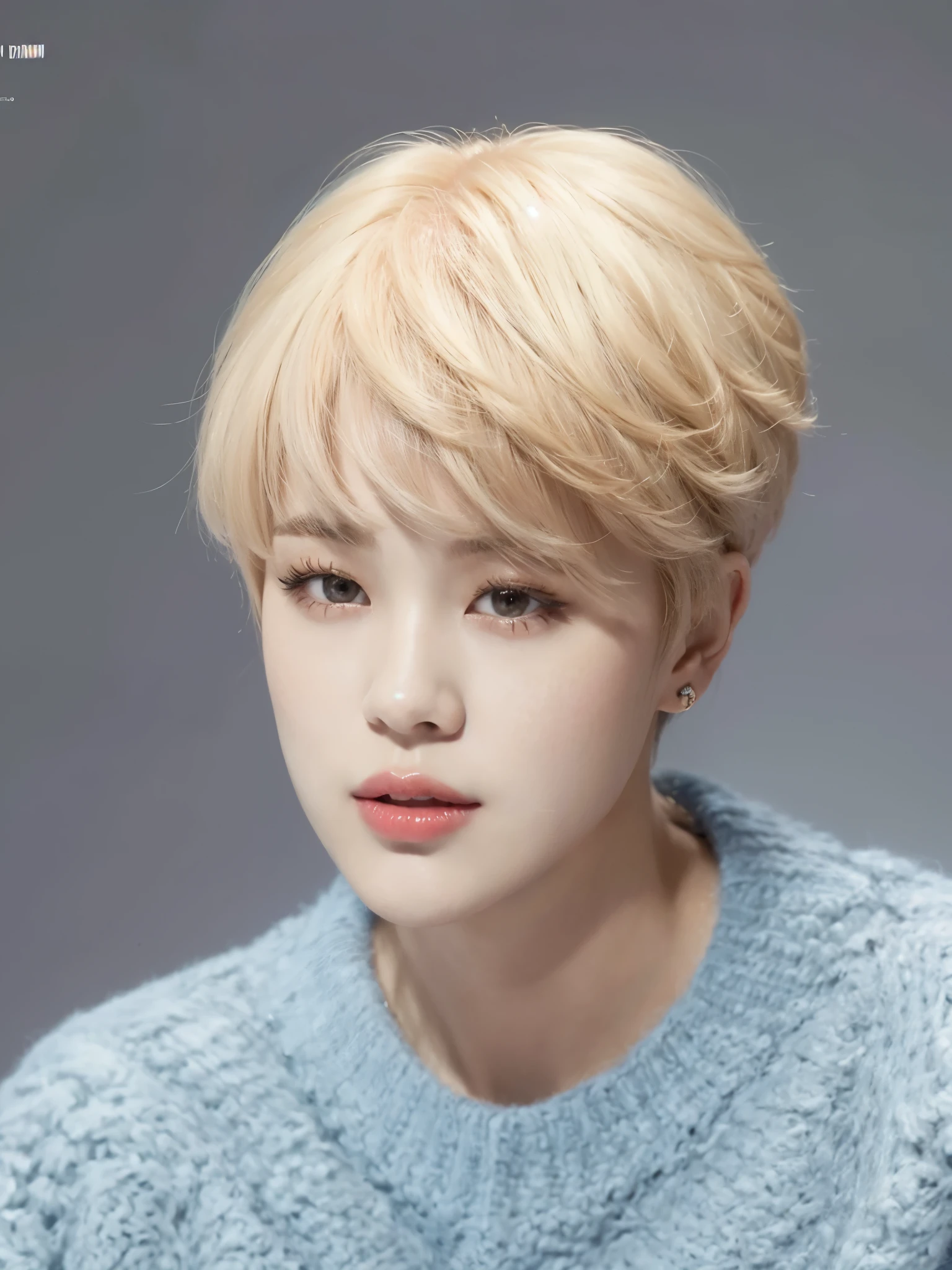 a close-up of a person with short hair and a sweater, Jimin\the full lips, accurate Jimin face, park Jimin, Jimin\o nariz grego, Jimin, Jimin\the right eyelid is swollen, Yoongi de cabelo preto, kpop idol portrait, com cabelo curto, taejune kim, park jimin, jimin, Jiminie