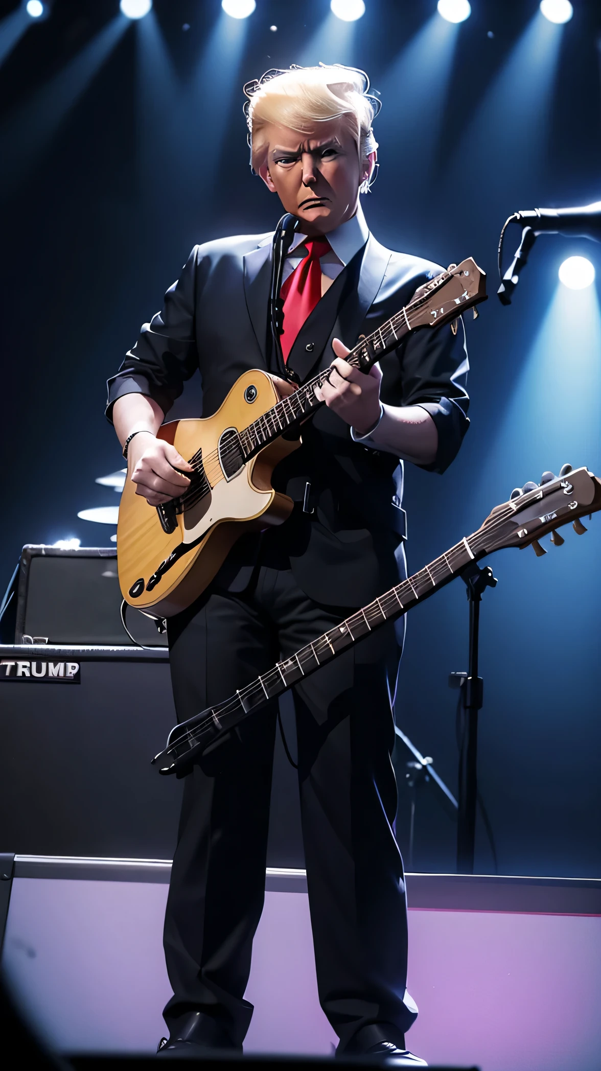 (donald Trump realista) 8k, rock and roll dress, tocando guitarra eletric guitar in stage, uhd, only him
