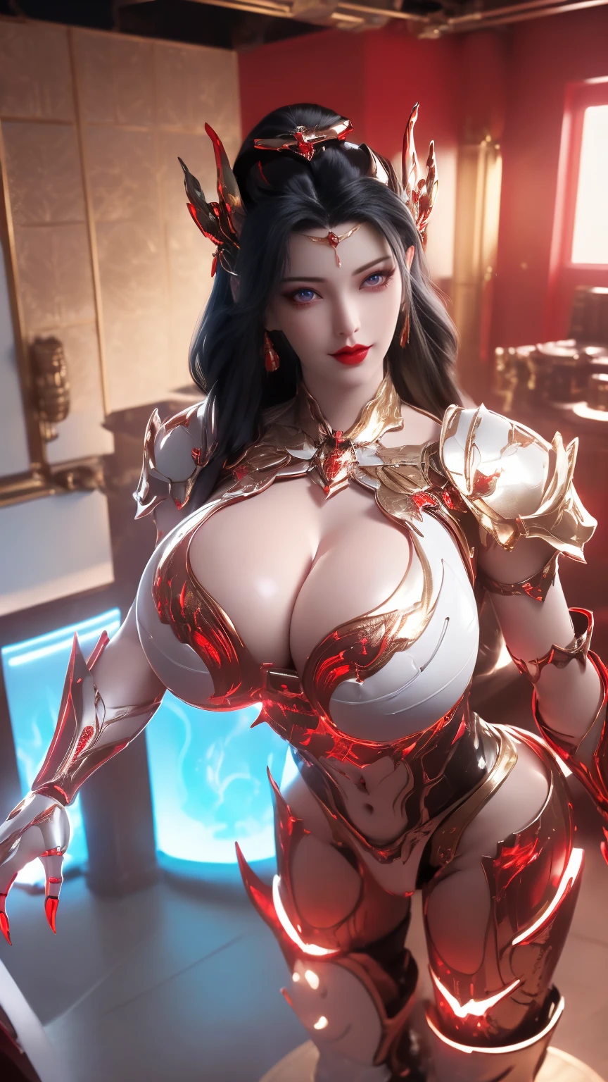 A BUSTY MILF, PORTRAIT,UPPER BODY,SOLO,(BEAUTY BLACK HAIR, GOLD DRAGON HORN), (MASSIVE FAKE BOOBIES,CLEAVAGE TOP,MUSCLE ABS:1.5), ((WEARING OUTFIT (LED RED, WHITE, BLACK) SHINY ROBOT MECHANICAL BIKINI ARMOR:1.5)),(CURVY VOLUPTUOUS BODY MATURE WOMAN:1.5), (SWEATY GLOSSY BODYSKIN:1.5), (FACING THE CAMERA:1.5),(BACKGROUND FUTURISTIC SPACE STATION:1), (PHOTOREALSITIC:1.4), (ULTRA-DETAILLIERT), (TOP-QUALITY), (BEST SHADOWS), BRIGHT LIGHT IN ROOM, HYPER TEXTURE, (4X MSAA), ((UNREAL ENGINE 5 RENDER)), PHYSICALLY-BASED RENDERING, ULTRA HIGHT DEFINITION, 16K, 1080P.