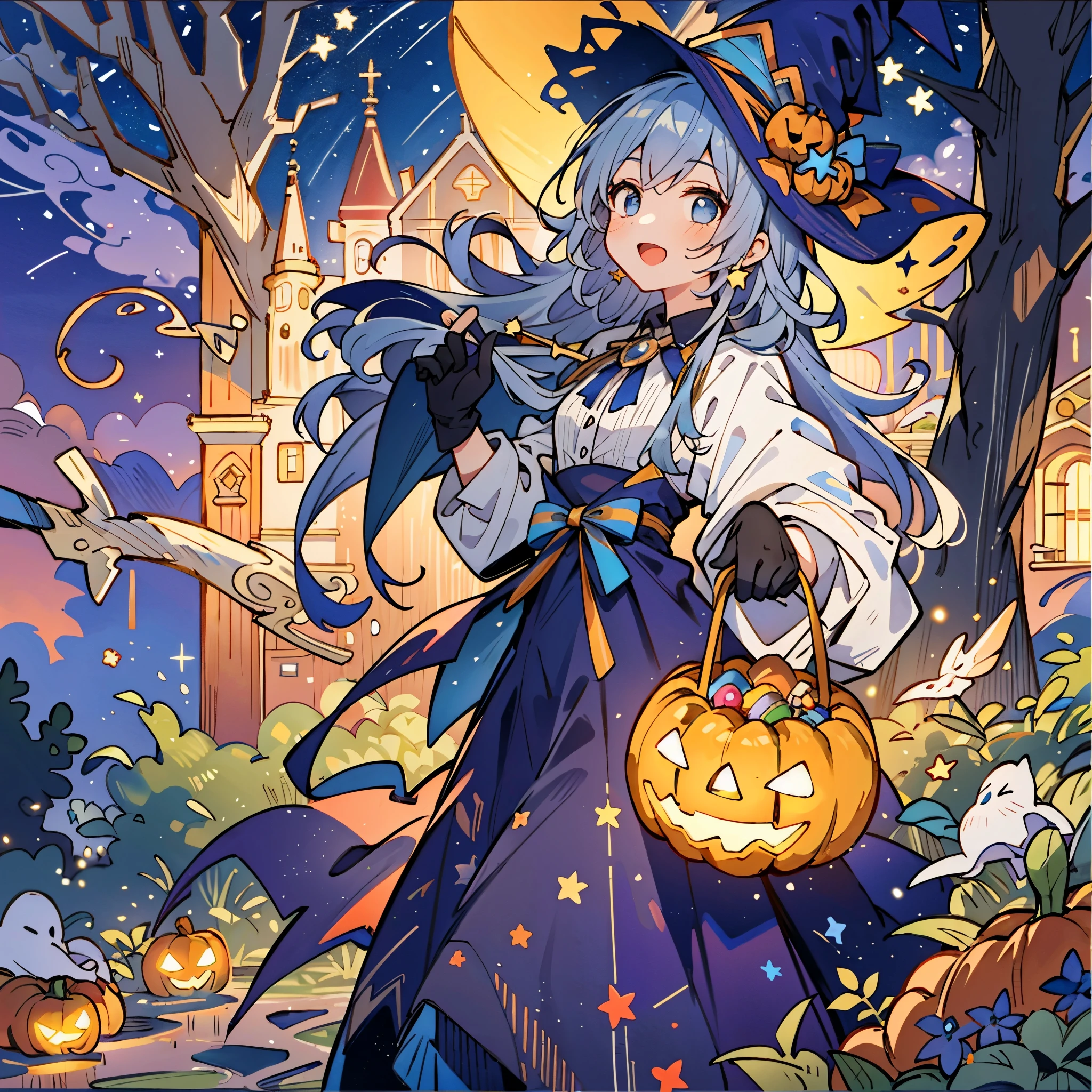 ((masterpiece:1.2, best quality)), 1girl, solo, (witch hat), a close up of a girl with curly hair, dress, aurora, night, star (sky), gloves, sky, dress, night sky, open mouth, starry sky, light blue eyes, ribbons, smile, cape, colorful hair, magic, casting spell, night, (impressionism:1.4), alphonse mucha, Halloween colors, colorful candy, magical lights, pumpkins, candies