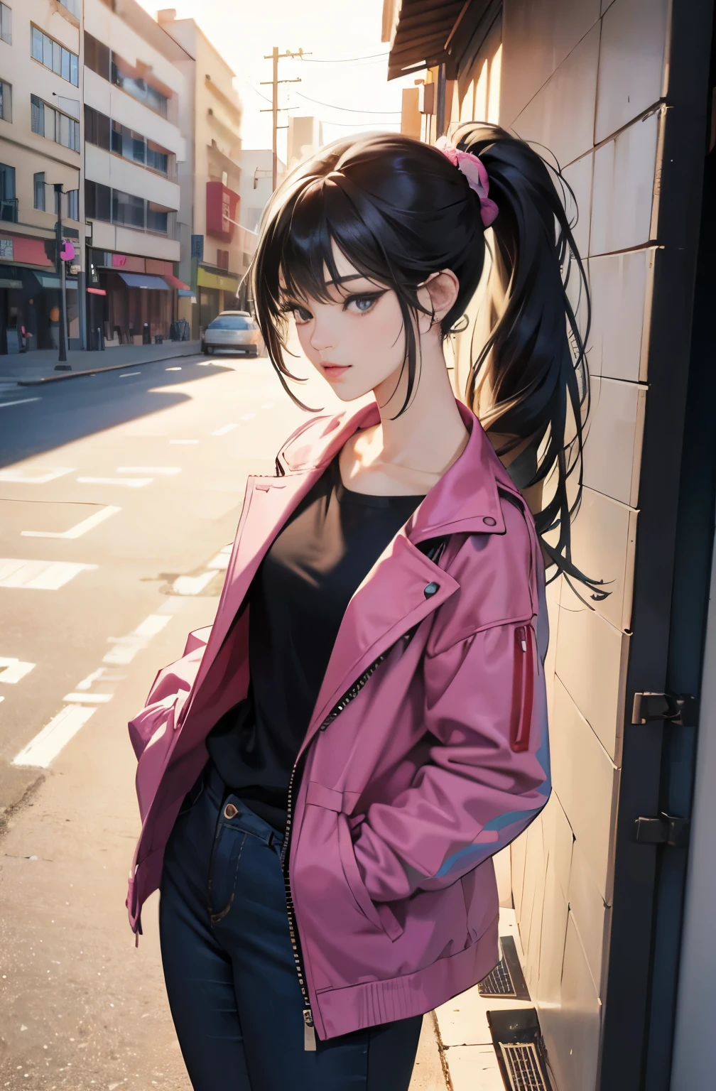 Beautiful woman with long black ponytail, Anime drawing by Yang J, pixiv, serial art, anime style 4 k, anime style. 8K, Gwaites style artwork, Realistic anime 3d style, anime style illustration, high quality anime art style, digital anime illustration, realistic anime art style, anime art style, very colorful, pop feel, in.s. summer image, Summer resort, Lakeside, Adult woman around 27 years old, Very sophisticated, It will be, wearing a colorful jacket, black jeans, tall model body shape, Lofty dream, mysterious, cool beauty, fashion role model, it will happen, Anime drawing by Yang J, Trending at Art station, realism, extremely detailed The germ of art, Realistic anime 3D style, anime style 4 k, モデルまin | The germ of art, anime style. 8K, casual clothes, realistic anime art style, style The germ of art, sharp outline, highest quality, perfect angle, perfect composition, The perfect subject, best shot, official art,CD jacket, 80s city pop, very stylish