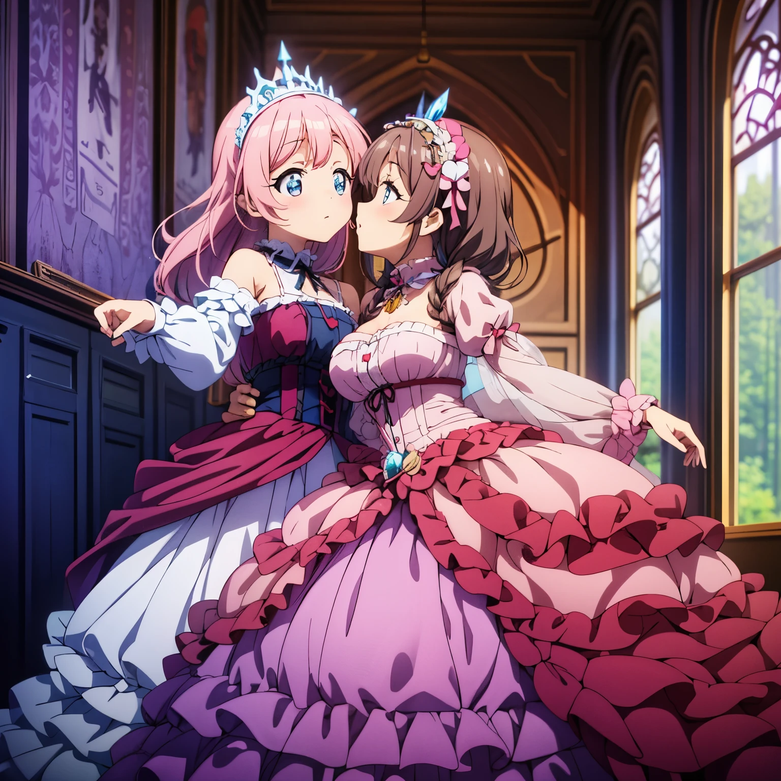 highest quality, masterpiece, highest resolution, artwork, super それにget used to it, many get used to it, get used to it, それにget used to it, woman, 10 years old,the two girls are princesses,((pink victorian voluminous ball gown dress)),long sleeve,long dress,A dress with lots of frills and ribbons..wears a tiara on the head,luxury,two people kiss,