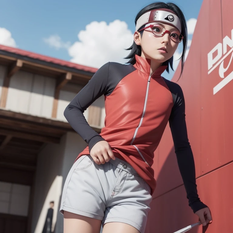 1 girl, from below, standing, beautiful Sarada Uchiha, 18 years old, Cups, Black thighs, arm warmers, forehead protector, shorts, short hair, big chest, black eyes wearing glasses, small hips, big ass, capture anime screen, Sarada is 18 years old, mature appearance