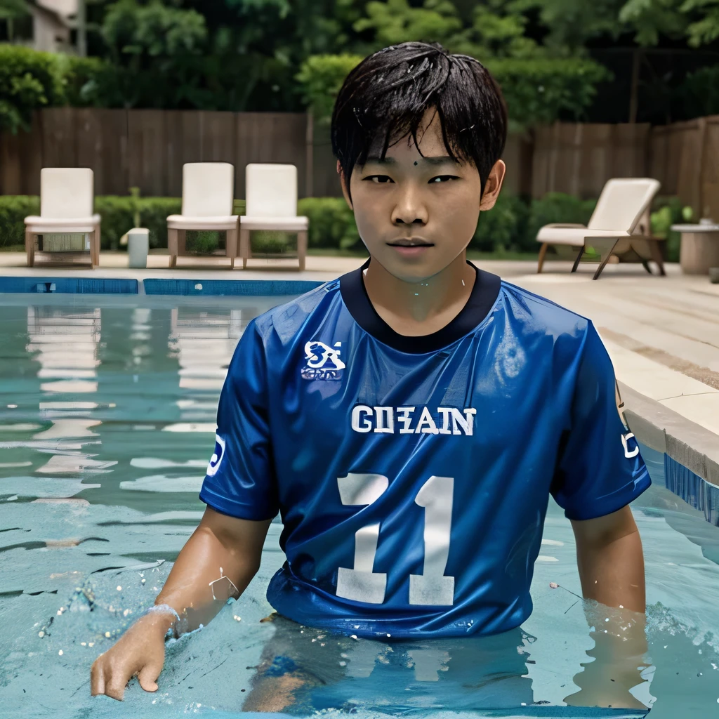 4 -yeld EaAsian boys,while playing in the pool,put on football jersey,soak,1 meter deep