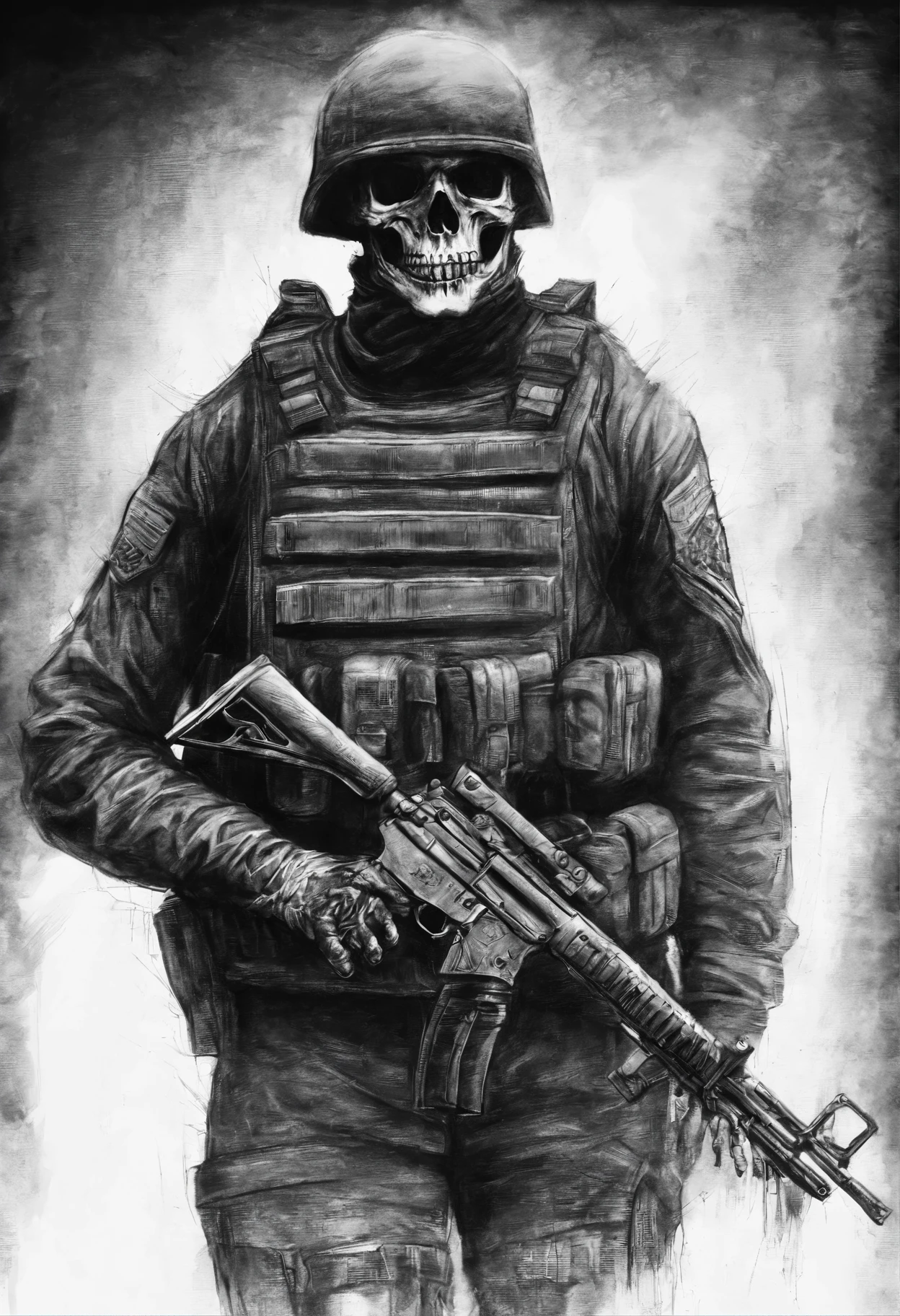 A sketch drawing of character skull soldier, hyper-realistic, artistic, all black and white