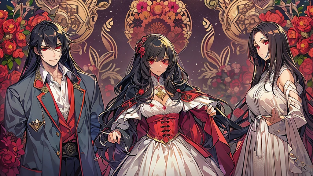 (((1 man and 2 girl))), (a b = girl), (c = gentleman), (a = straight black long hair femdom girl 17 yo bigboobs red eyes) break (b = curly black long hair cute girl 14 yo smaller breasts red eyes) break (c = black long hair demon king gentleman, stocky and tall body man, red eyes) break ((3 people lined up for a commemorative photo)), (enchanted garden background)