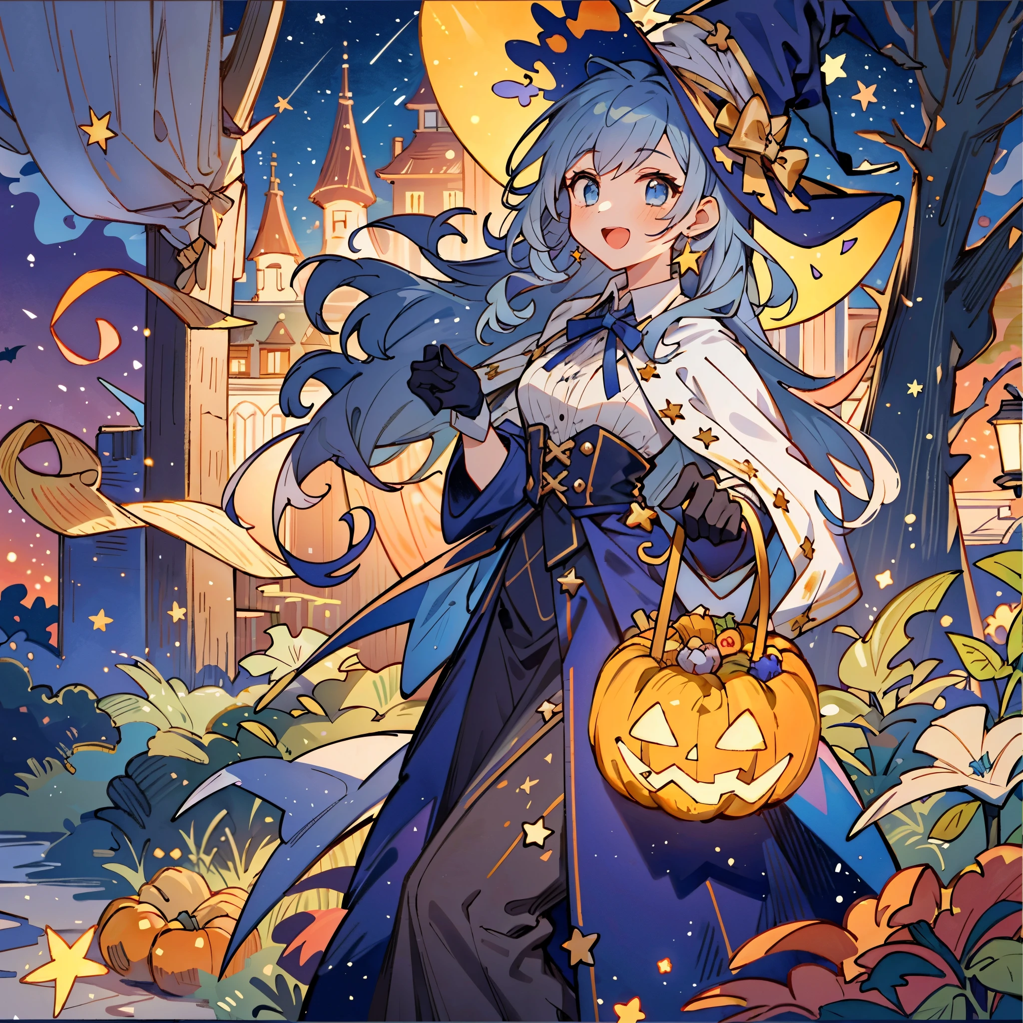 ((masterpiece:1.2, best quality)), 1girl, solo, (witch hat), a close up of a girl with curly hair, dress, aurora, night, star (sky), gloves, sky, dress, night sky, open mouth, starry sky, light blue eyes, ribbons, smile, cape, colorful hair, magic, casting spell, night, (impressionism:1.4), alphonse mucha, Halloween colors, colorful candy, magical lights, pumpkins, candies