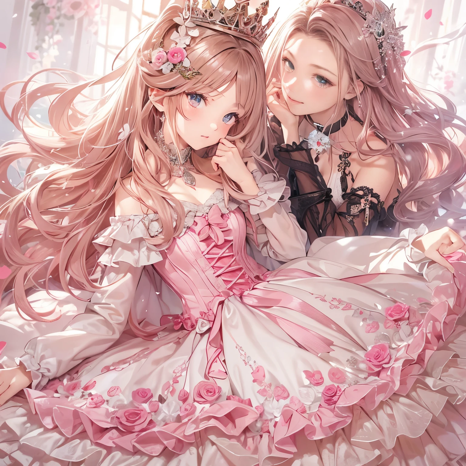 highest quality, masterpiece, highest resolution, artwork, super それにget used to it, many get used to it, get used to it, それにget used to it, woman, ************,the two girls are princesses,((pink victorian voluminous ball gown dress)),long sleeve,long dress,A dress with lots of frills and ribbons..wears a tiara on the head,luxury,two people kiss,