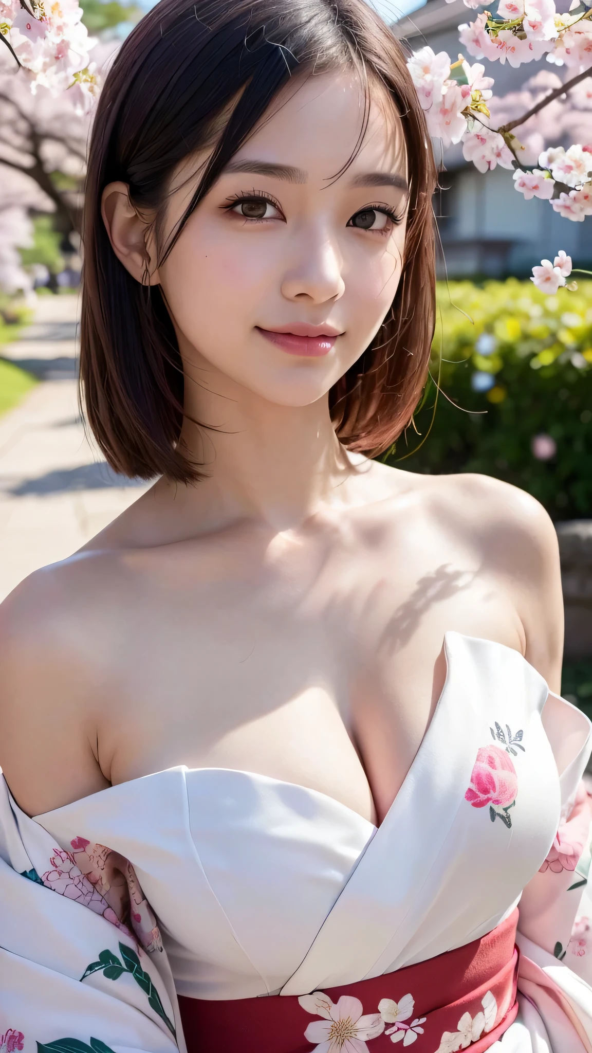 1girl, extremely cute face, Amazing face and eyes, (highly detailed eyes, highly detailed face), (floral pattern kimono:1.2), (kimono with open front), (bare shoulders), upper body, caute smile, (best quality:1.4), (Ultra realistic, high res), Raw photo, (realistic, photo-realistic:1.37), professional photography, cinematic light, castle, cherry blossoms,