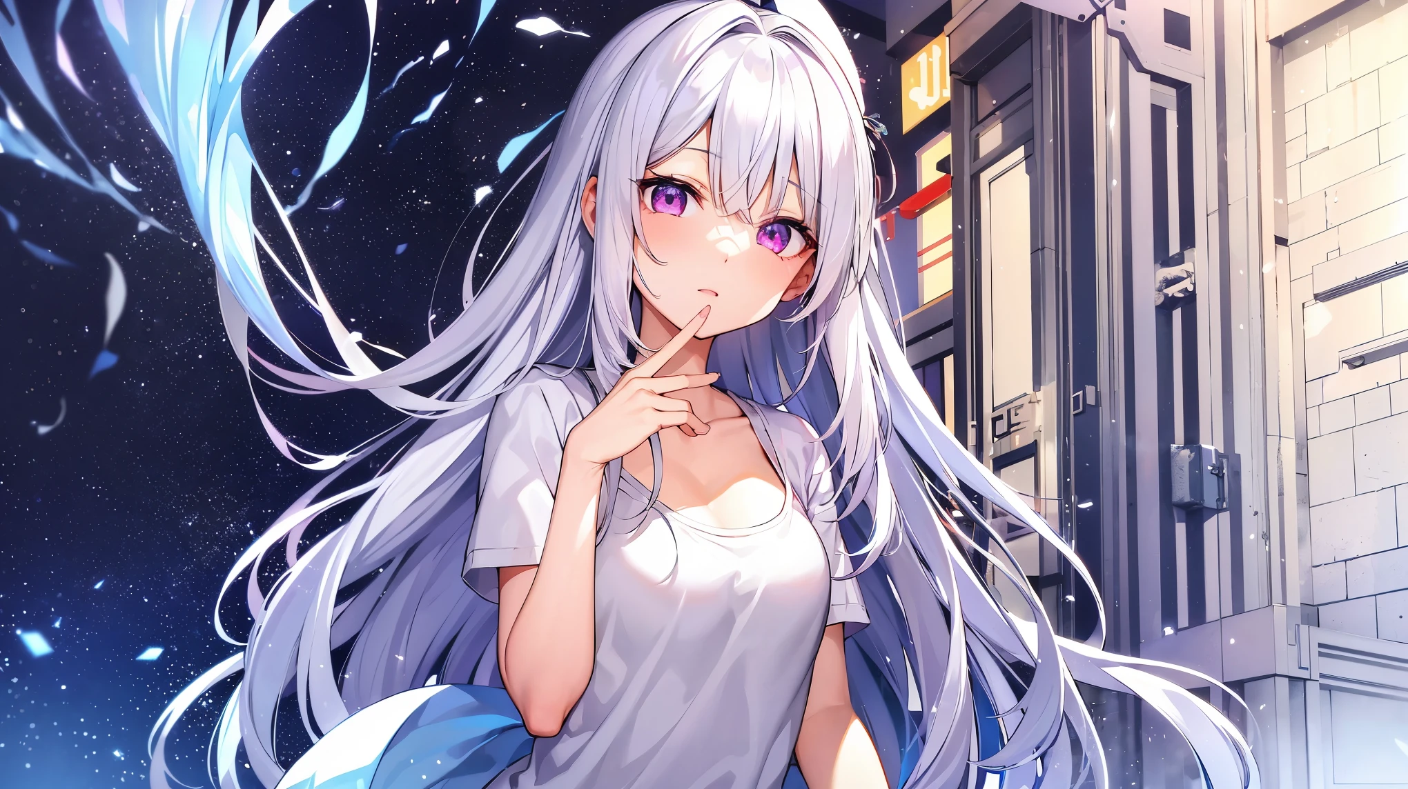 The clothes are wet, (Y-shirt is transparent: 1.4), skirt, (Unbroken body), (Perfect body structure), (arms two), (legs two), highest quality, 4K, (High resolution: 1.3) masterpiece , 1.2, Super detailed, HDR, Studio Lighting, Sharp Focus, Bright colors, Portrait, Warm tones, Soft Lighting,Silver Hair、Blue Eyes、long hair、