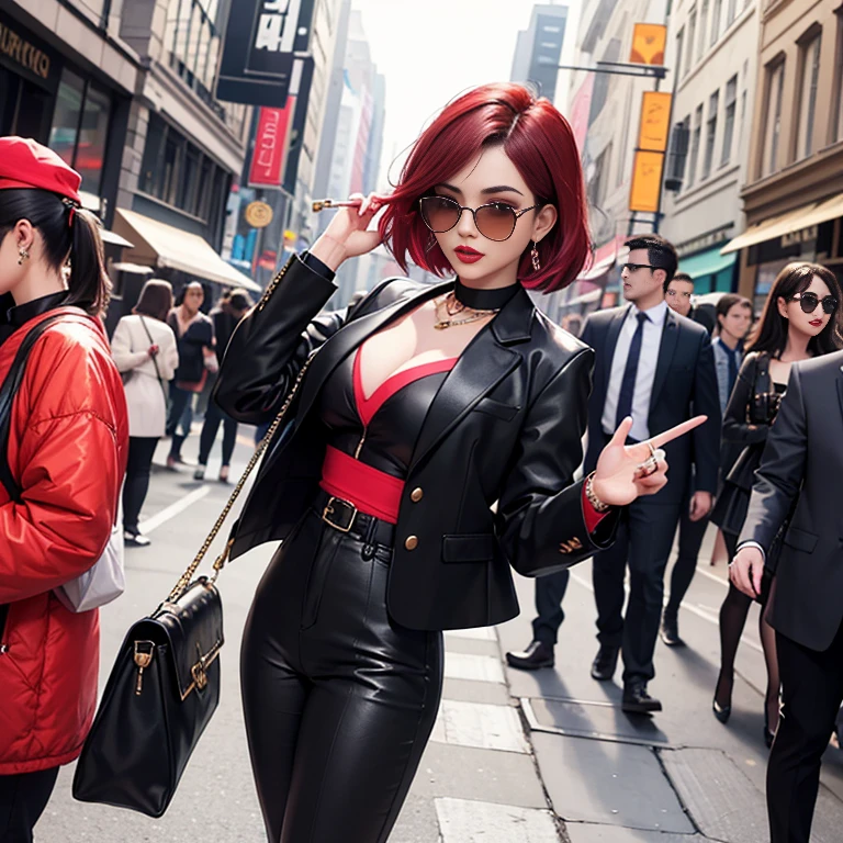 (best quality, hyper detailed, high quality, masterpiece), Imagine a fashionable young woman, exuding confidence and sophistication. She stands in the middle of a bustling city street, as if she owns the world. She wears a chic and trendy ensemble, combining a tailored blazer with a pair of high-waisted trousers, accessorized with statement sunglasses and a bold handbag. Her hair is styled in a trendy bob, and she effortlessly rocks a vibrant red lip. The background showcases the hustle and bustle of the city, reflecting her energetic and cosmopolitan lifestyle. Capture her unique style and magnetic presence in a fashion magazine-worthy photo."