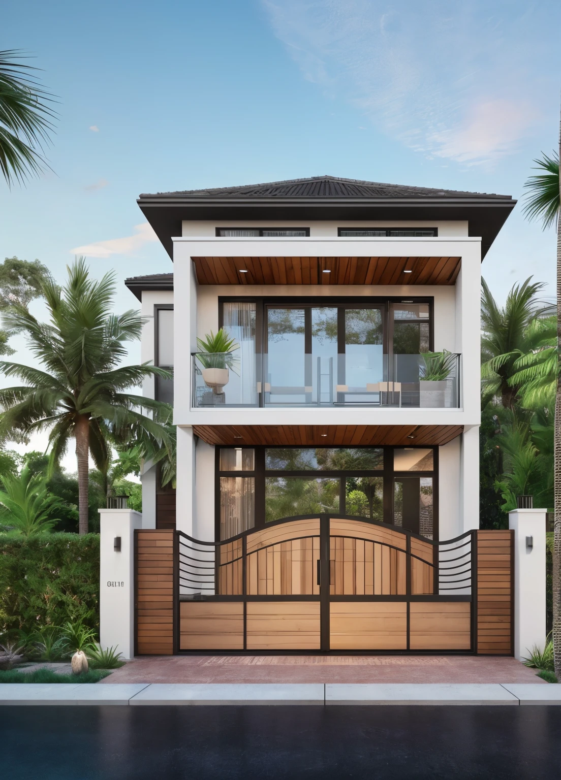 RAW photo,Masterpiece, high quality, best quality, authentic, super detail, townhouse, modern house,( brick wall:1.1 , glass windows, (wooden ceiling:1.1), railing glass, gate, fence, (curve:1.1),tropical trees, day, beautifu sky, (high detailed :1.2), 8k uhd, dslr, soft lighting, high quality, film grain, Fujifilm XT3 