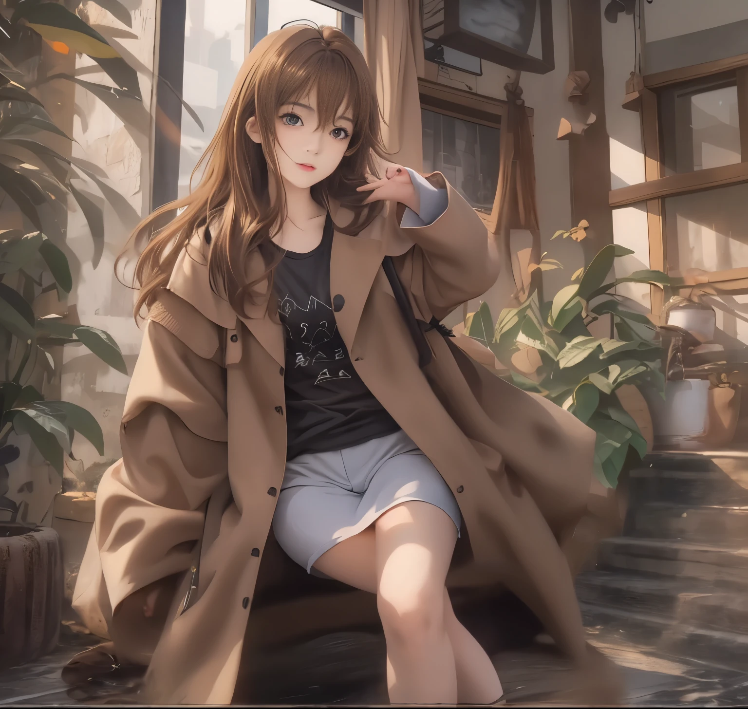 highest quality, realistic anime picture、8k wallpaper, ((beautiful)), (Lovely) ,(((1 girl))),full body portrait、23 years old,(Brown hair long hair))、soft light、(brown coat、black t-shirt、compress on stomach、Open the front of the coat)、inside the house