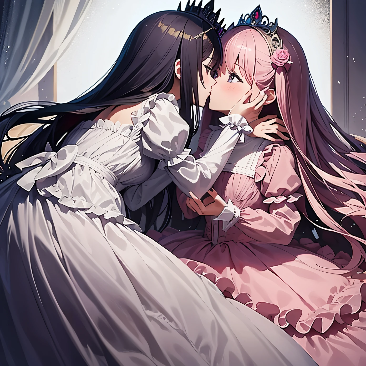 highest quality, masterpiece, highest resolution, artwork, super それにget used to it, many get used to it, get used to it, それにget used to it, woman, ,the two girls are princesses,((pink victorian voluminous ball gown dress)),long sleeve,long dress,A dress with lots of frills and ribbons..wears a tiara on the head,luxury,two people kiss,