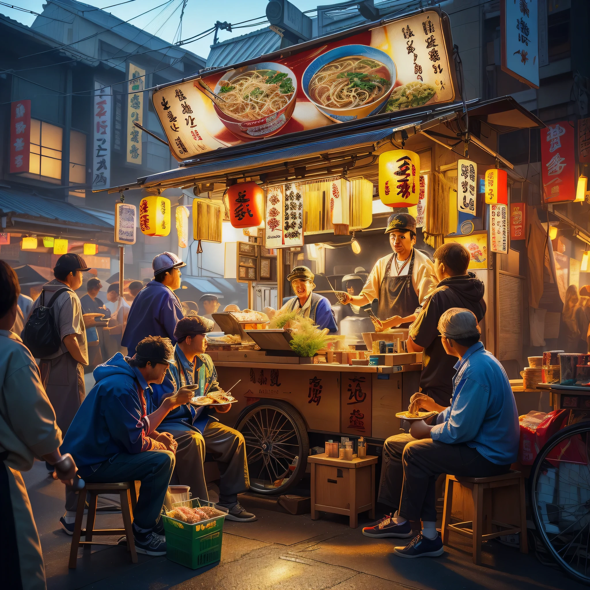 A photorealistic scene of a street food Yatai with a vendor and some customers sitting around the Yatai eating ramen, a cinematic masterpiece of realistic illustration by the color comic maestro Don Lawrence, ultrasharp focus, super detailed, high resolution, full bright colors, volumetric lighting, octane render, octane lighting