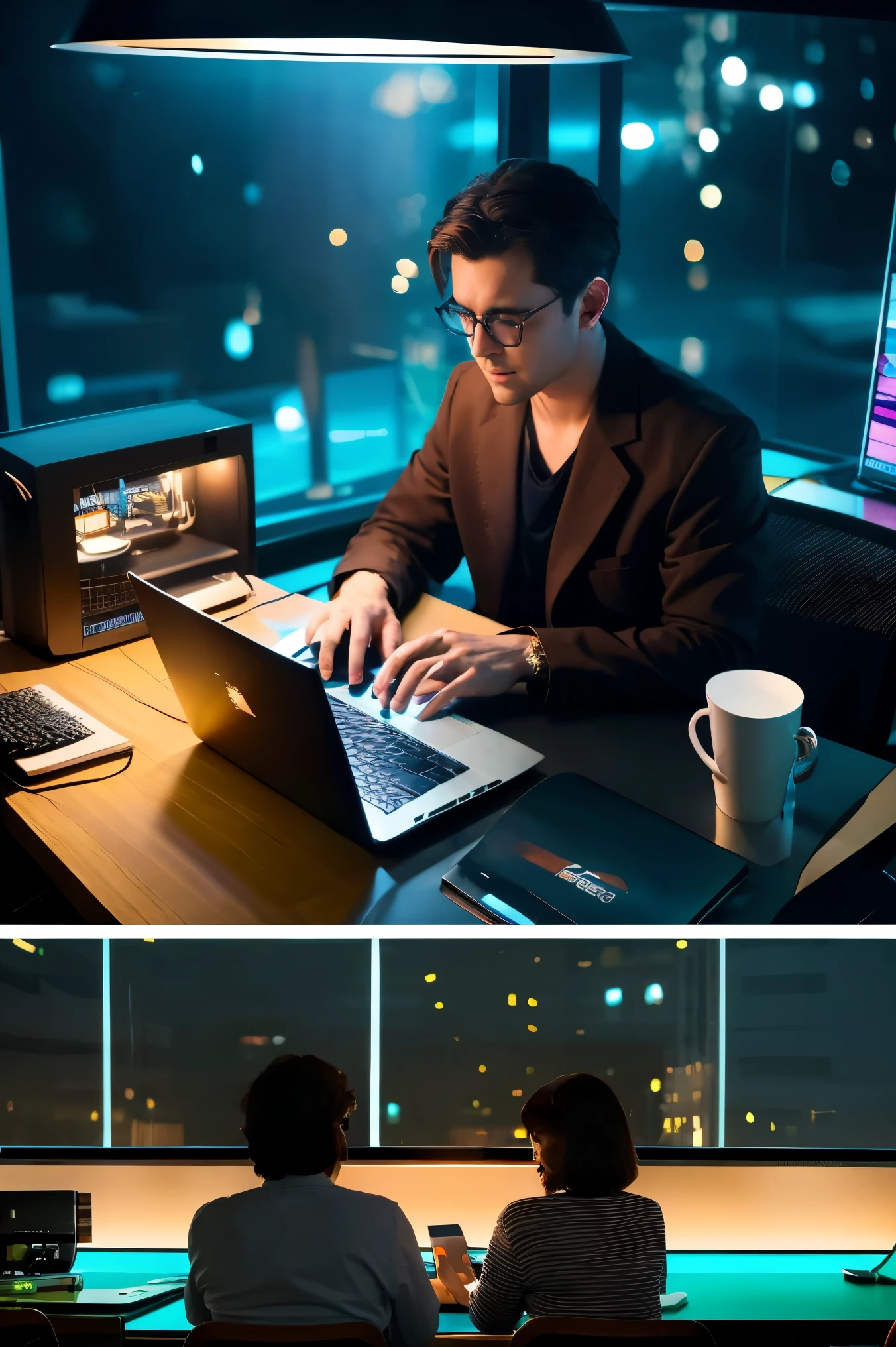 There is a man sitting at a table with a laptop, work on laptop at desk, in front of a computer, sitting at a computer, sitting in front of computer, typing on laptop, sitting at a computer desk, Sit at the keyboard desk, computer, advanced technology, advertising image, Professional, Put your laptop on your lap, anime style, cinematic ,masterpiece, color grading