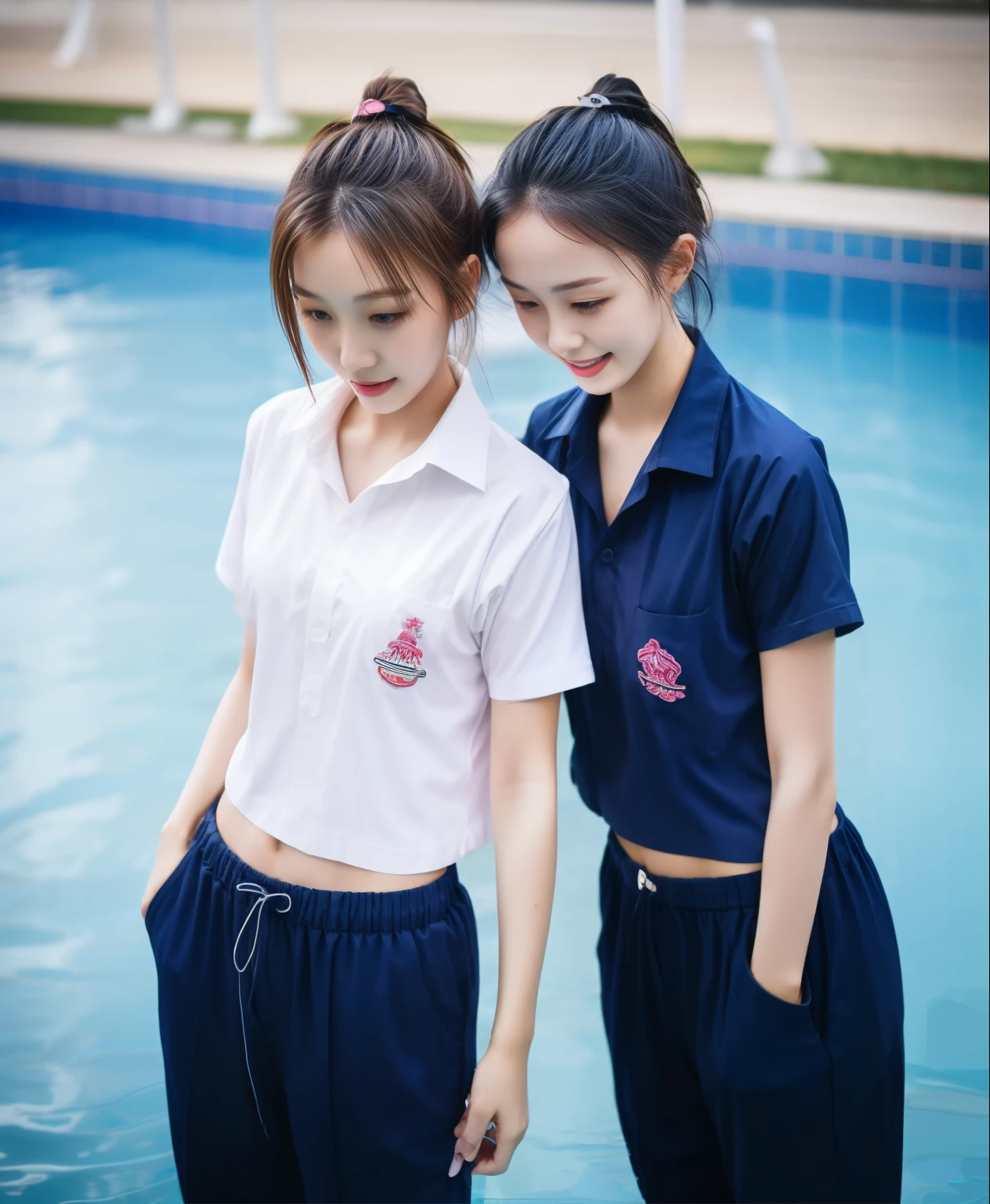 2 girls in the swimming pool, Navy blue short-sleeved shirt,Navy Long Trackpant,Sweatpants, Sweatpantsขายาว,25 year old girl, lesbian, sexy, exercise clothes, wet body