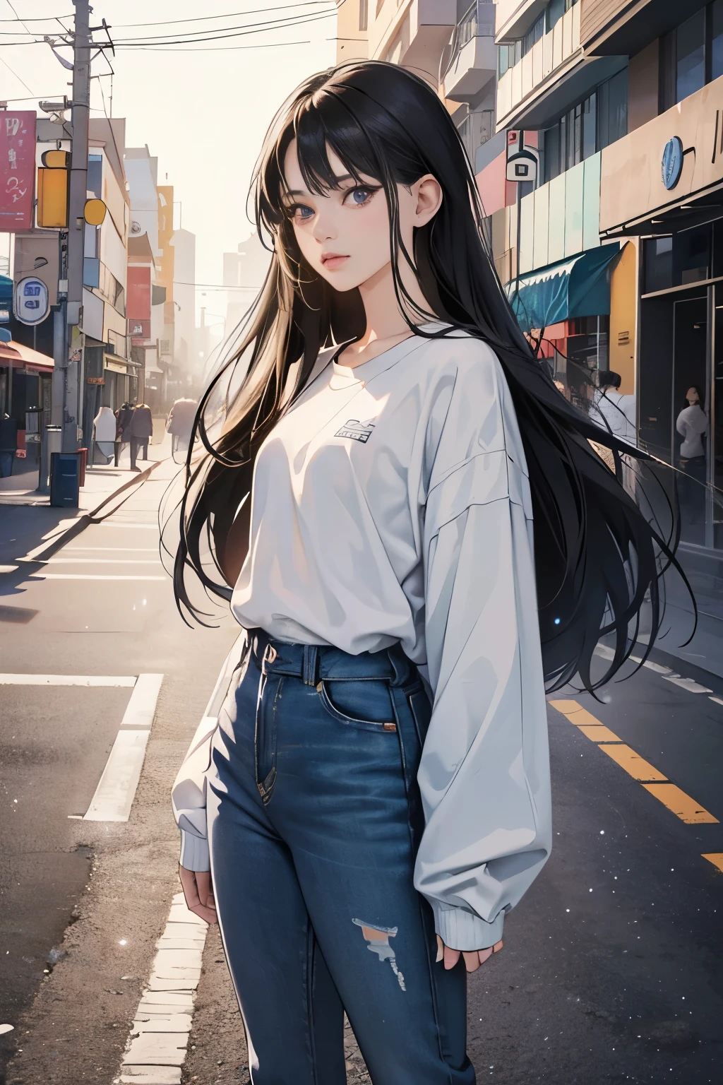 very colorful, pop feel, summer image, beautiful woman with long black hair, Around 25 years old, seaside, wearing a white blouson, black jeans, perfect tall model body,mysterious, cool beauty, it will happen, Sparkling summer memories, Anime drawing by Yang J, Trending at Art Station, realism, extremely detailed germ of art, Realistic anime 3D style, anime style 4 k, up to the model | germ of art, anime style. 8K, casual clothes, realistic anime art style, style germ of art, sharp outline, highest quality, perfect angle, perfect composition, The perfect subject,  best shot, official art，CD jacket, 80s city pop, very stylish