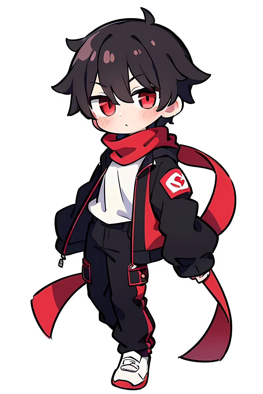 (((1boy))), masculine, male, man, short black hair, red eyes, wearing a white jacket, wearing black cargo pants, wearing a red ribbon as a scarf, bored, (((no blushing))), white background, chibi, absurdres, high res, ultrasharp, 8k, masterpiece