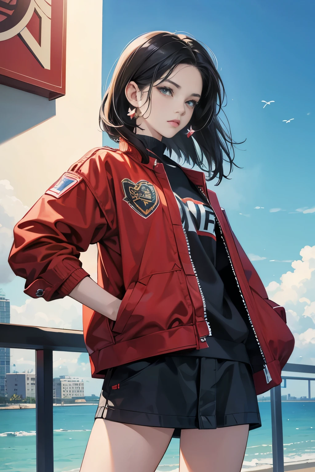 very colorful, pop feel, in.s. west coast, summer image, Palm tree, seaside, short black hair anime woman, Around 25 years old, Wearing a red jacket, perfect tall model body, cool beauty, it will happen, Anime drawing by Yang J, Trending at Art station, realism, extremely detailed The germ of art, Realistic anime 3D style, anime style 4 k, モデルまin | The germ of art, anime style. 8K, casual clothes, realistic anime art style, style The germ of art, sharp outline, highest quality, perfect angle, perfect composition, best shot, official art,CD jacket, 80s city pop, very stylish