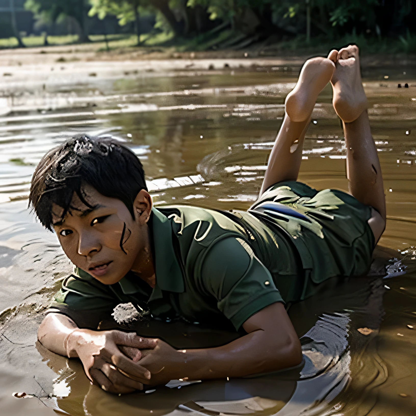 A group of 11 year old East Asian boys,lying in the mud,Wear a sports school uniform,Mud all over the body,volume