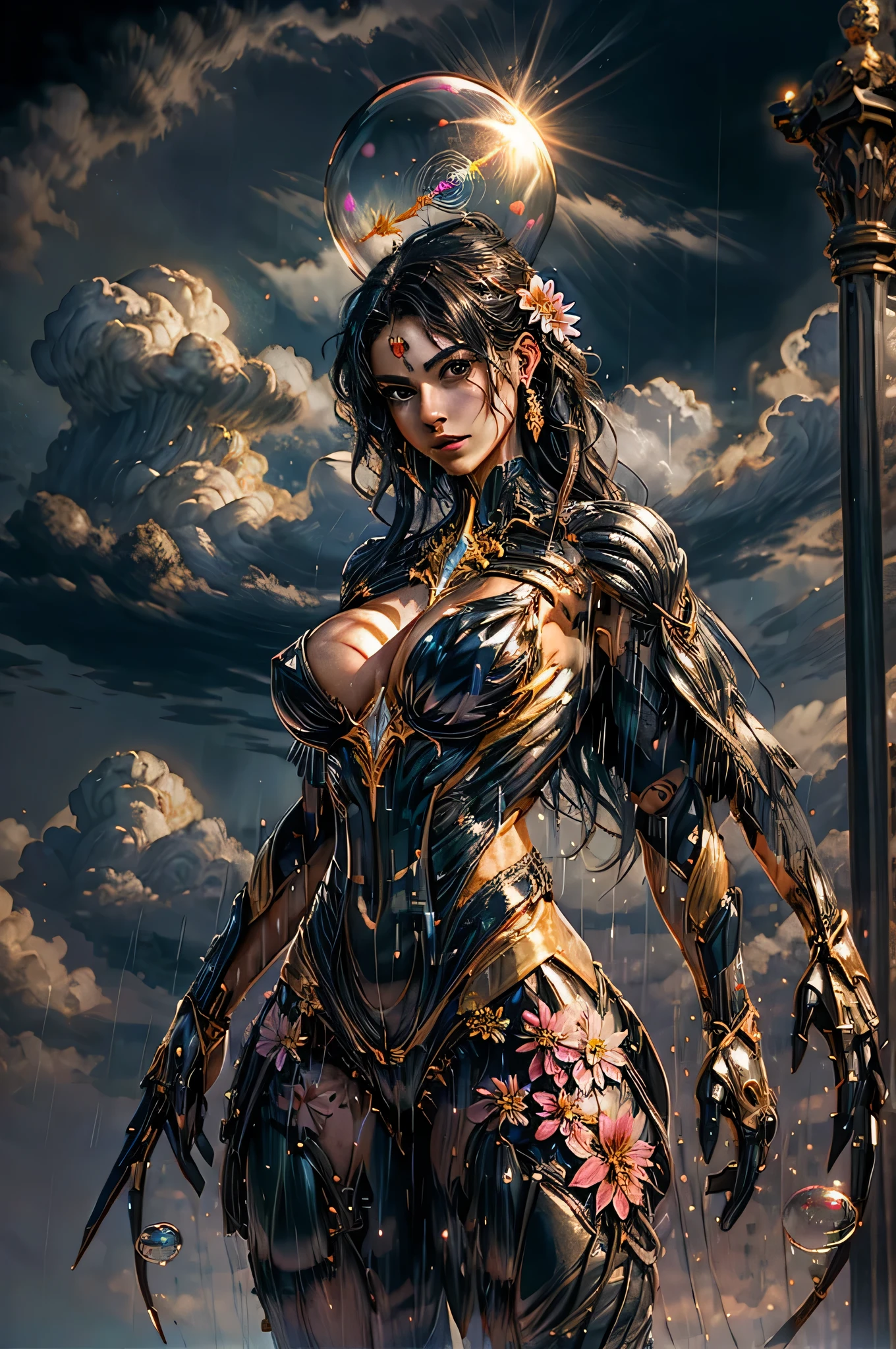 (((flower)))、(((rain)))、(((magic circle)))、Makeup、detailed、delicate facial features、(beautiful face)、(detailedで完璧な顔)、long braided hair、perfect proportions、The well-proportioned body of six heads、big breasts、thin waist、navel、gap between crotches、thighs,、(((glow tattoo)))、GdClth、(((Bubble)))、(((facial pattern)))、(((holy bodysuit)))、(((moonlight)))、(((random hairstyle)))、((( cloud)))、((cloudの隙間から光芒))、(((fog)))、(((sanskrit)))、(((goddess)))、高価で煌びやかなgoddessの衣装、Costumes with a lot of exposed skin、(((naked)))、(cowboy shot)、(((random pose)))、(((Change the pose)))、(((dynamic angle)))、(((beautiful soap bubbles)))、(((Dream world)))、((happiness))、((bright))、((shine))、