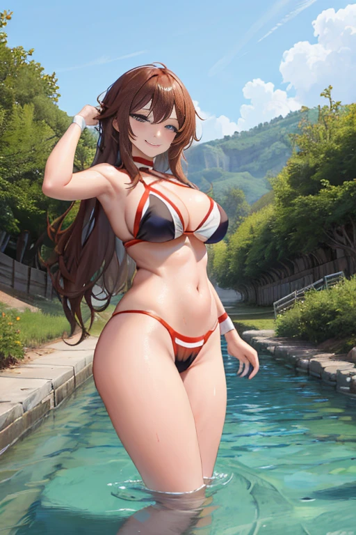 masterpiece, high resolution, best quality, beautiful art, detailed hands and hair, 1 woman, solo, Megumin, 30 years old, big breasted, cleavage, grown up, wearing a Tyris Flare outfit, sexy and skimpy bikini, sexy hips, loose long hair, full body, sexy training, stretching her body, warming up, she is doing exercise, sexy moves, smiling joyfully, beach background 