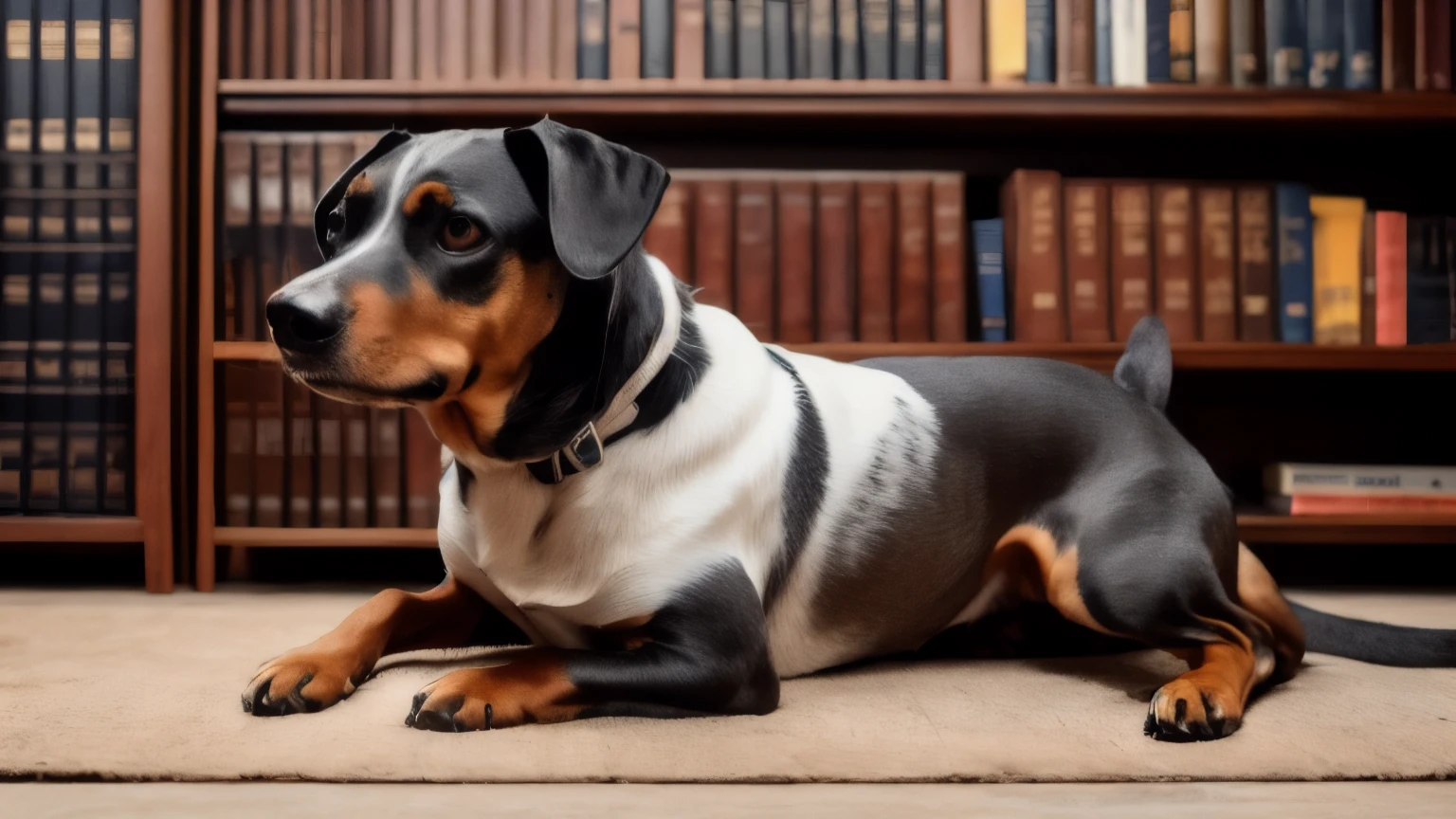 hyper ultra realistic photographs full body of A dapper Dachshund, sporting a monocle and a velvet bowtie, sits perched on a plush armchair in a mahogany-paneled library. He's engrossed in a leather-bound book, his paws delicately gripping the pages through his wire-rimmed spectacles. ratio 16:9, 4k, 8k resolution, High quality photo, high detailed, imagesharp focus, Cinematic lighting,hyperdetailed & Unreal engine, detail, realism, photography,cinematography, camera NIKON, lens NIKKOR flagship, masterpiece. hyper-maximalism, ultradetailed photorealistic, light skin imperfections, final render, vray, photo, fashion