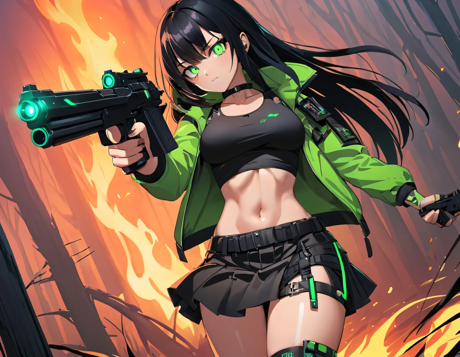 1 girl, solo, long_hair, bangs_between_the_eyes black_hair_with_shake_green, bi_color_
green_neon eyes, sexy_face, gun_in_hand, right_hand, cyberpunk_clothes, short_jacket, navel appears, short_skirt, scarred_legs, left_arm_band, tattoo_above_navel_background_of_abandoned_FOREST_EM_FLAMES_BLACKS, manga_style_image .
