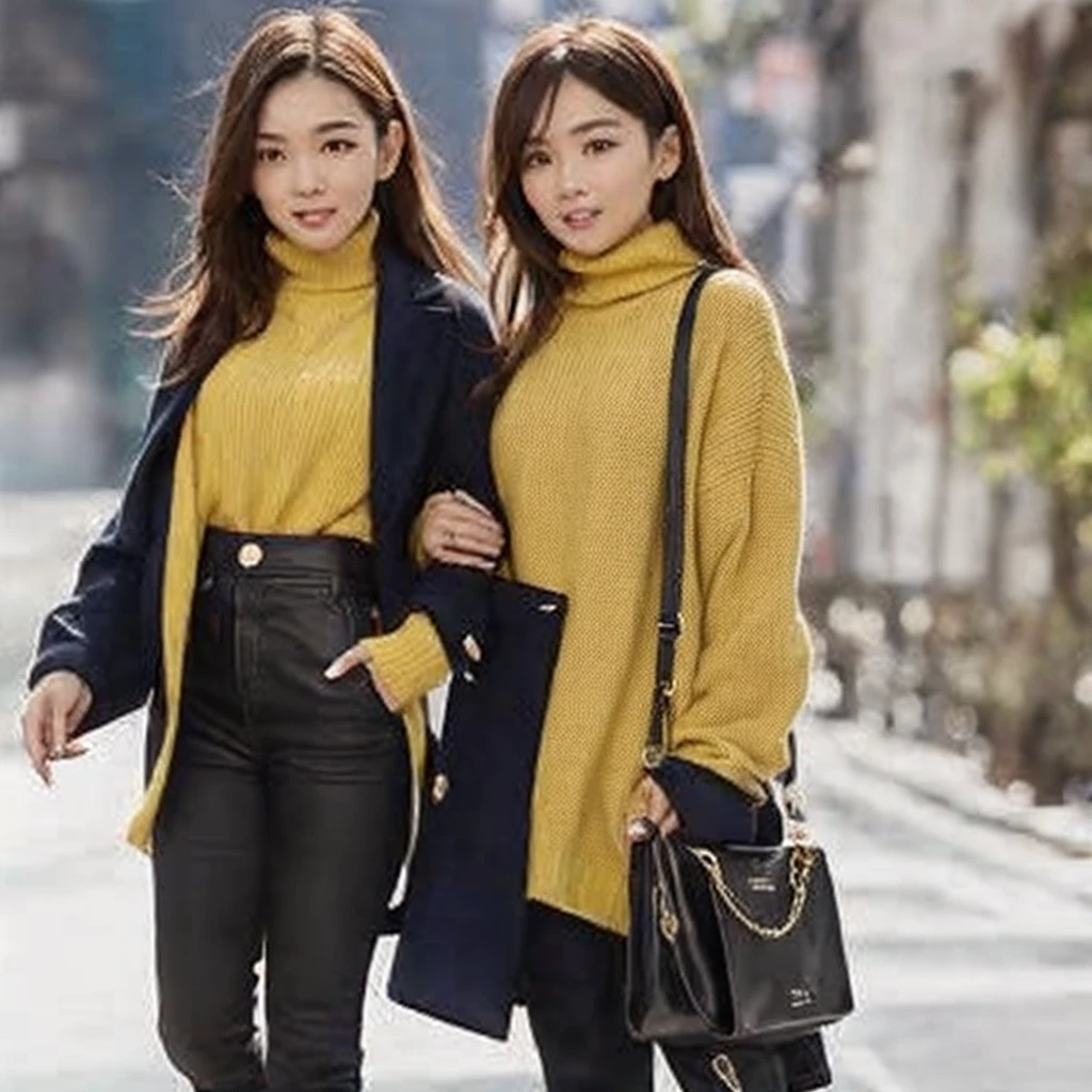 An arafi woman wearing a yellow sweater and blue jacket standing on the sidewalk, advertising image, korean female fashion model, Wearing a turtleneck and jacket, jackie tsai style, gemma chen, sakimichan, wearing elegant casual clothes, casual modern clothing, using yellow cloth, Gemma-chan beautiful girl, modern casual clothing, korean woman, 🚿🗝📝