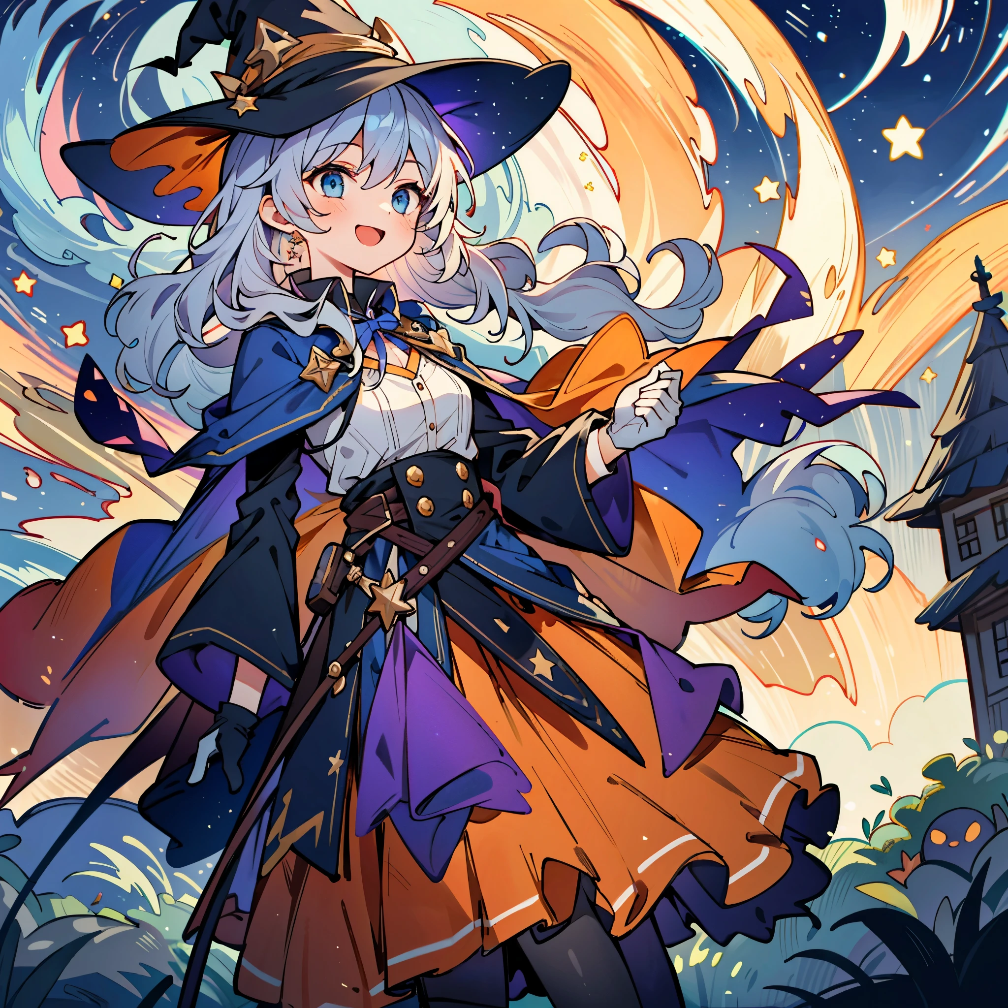 ((masterpiece:1.2, best quality)), 1girl, solo, (witch hat), a close up of a girl with curly hair, dress, aurora, night, star (sky), gloves, sky, dress, night sky, open mouth, starry sky, light blue eyes, ribbons, smile, cape, colorful hair, magic, casting spell, night, (impressionism:1.4), alphonse mucha, Halloween colors, colorful candy, magical lights, pumpkins, candies